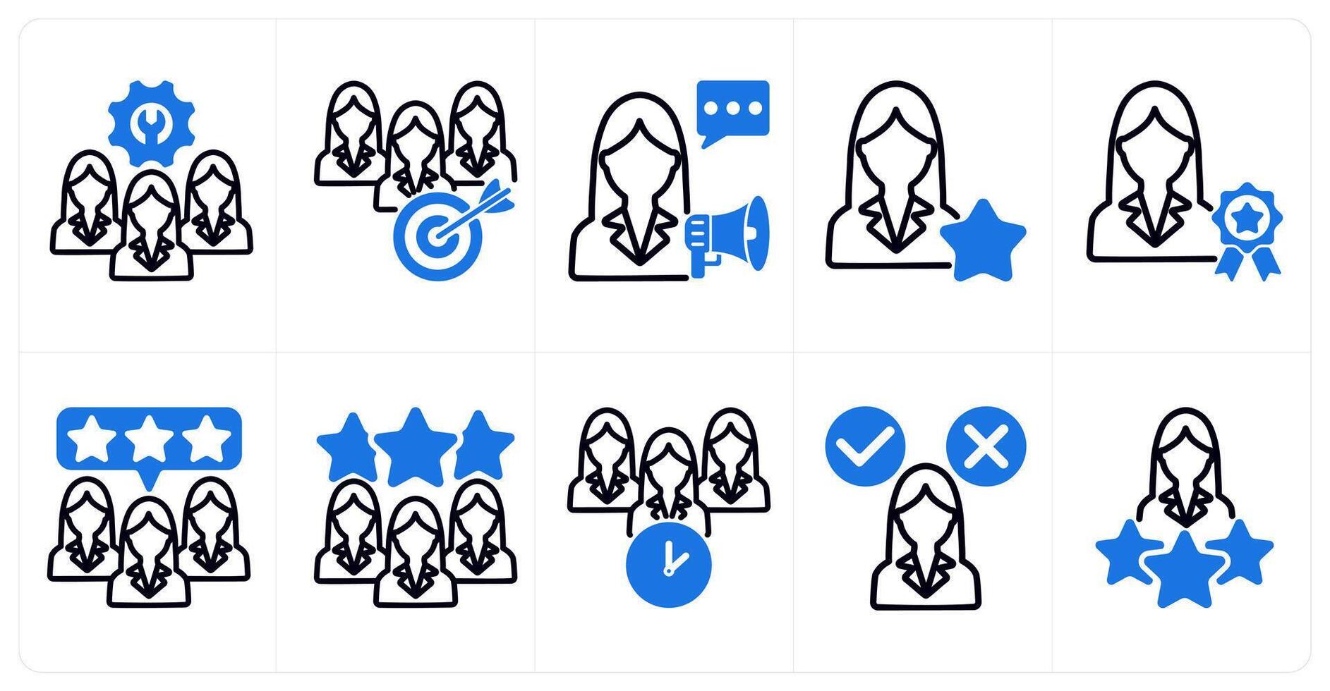 A set of 10 business icons as technical team, teamwork goal, announcement speech in blue color vector