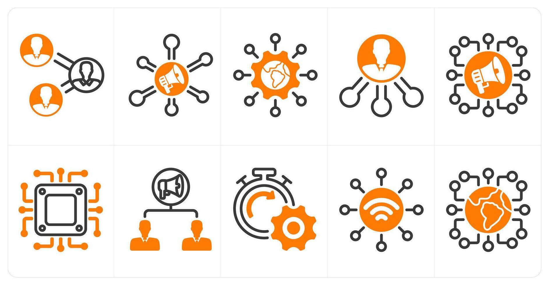 A set of 10 seo icons as business connectivity, marketing network, global technology in orange color vector