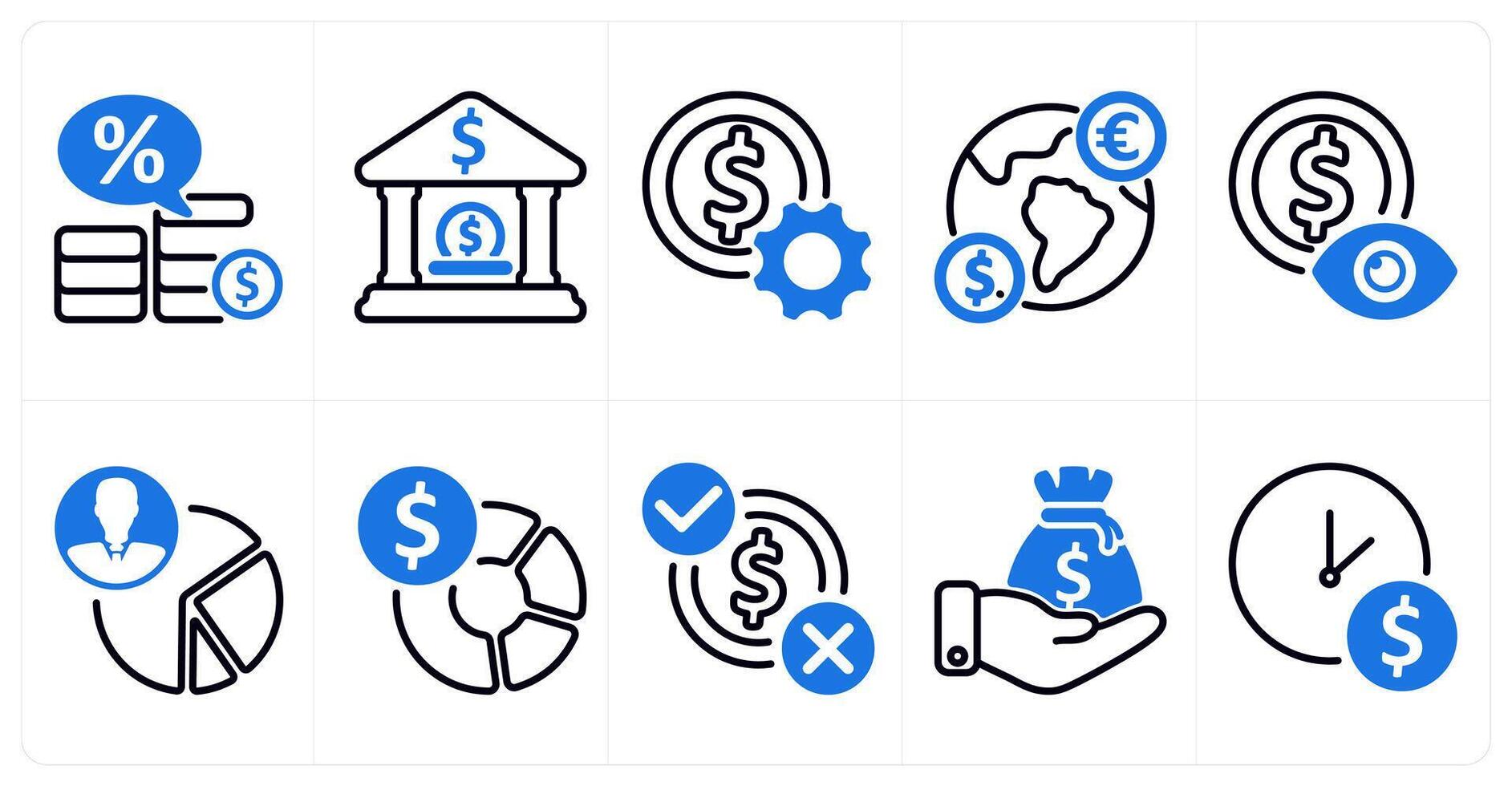 A set of 10 business icons as loan interest rate, bank deposit, money setting in blue color vector