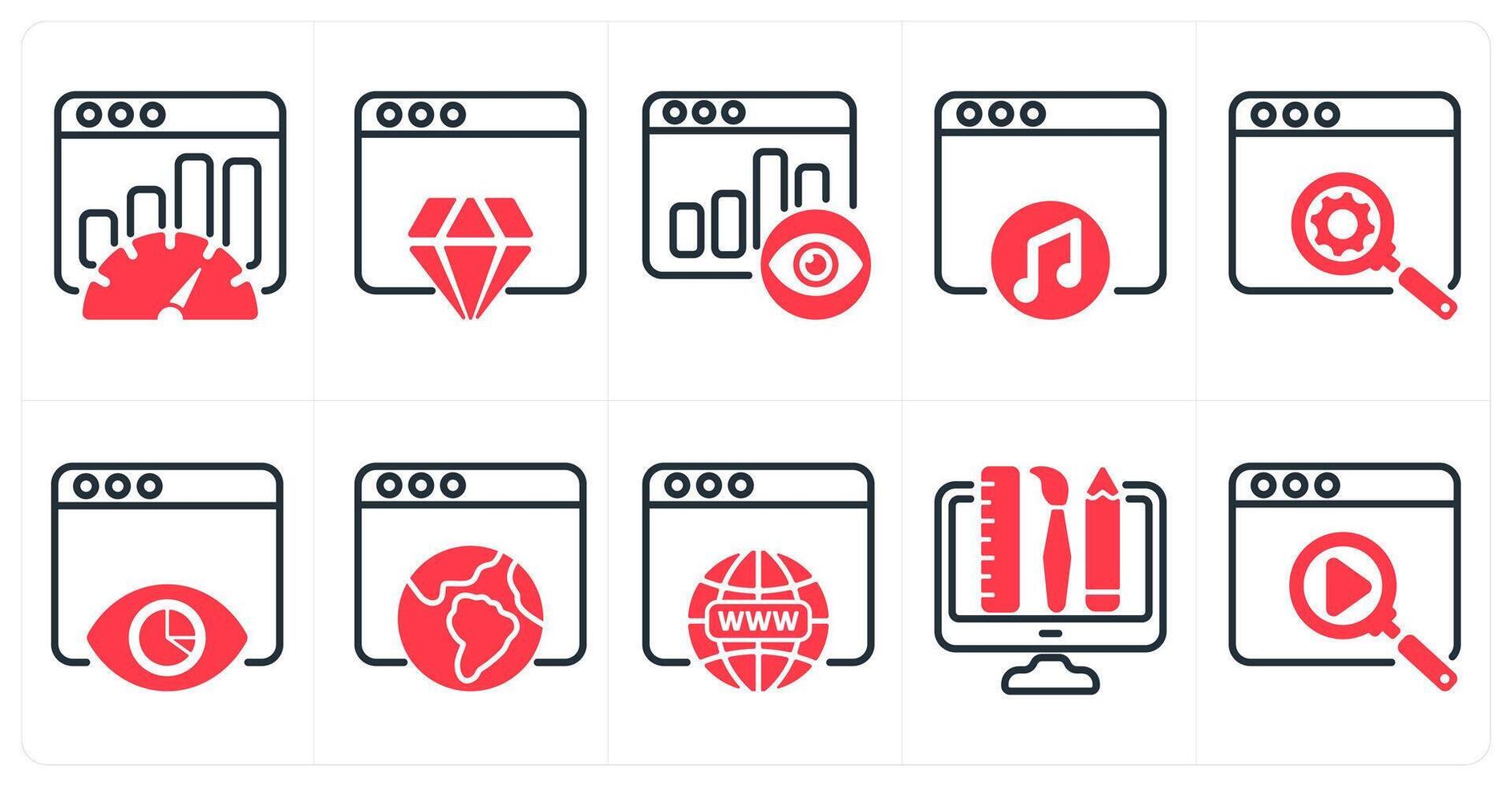 A set of 10 seo icons as seo performance, website reputation, page view in red color vector