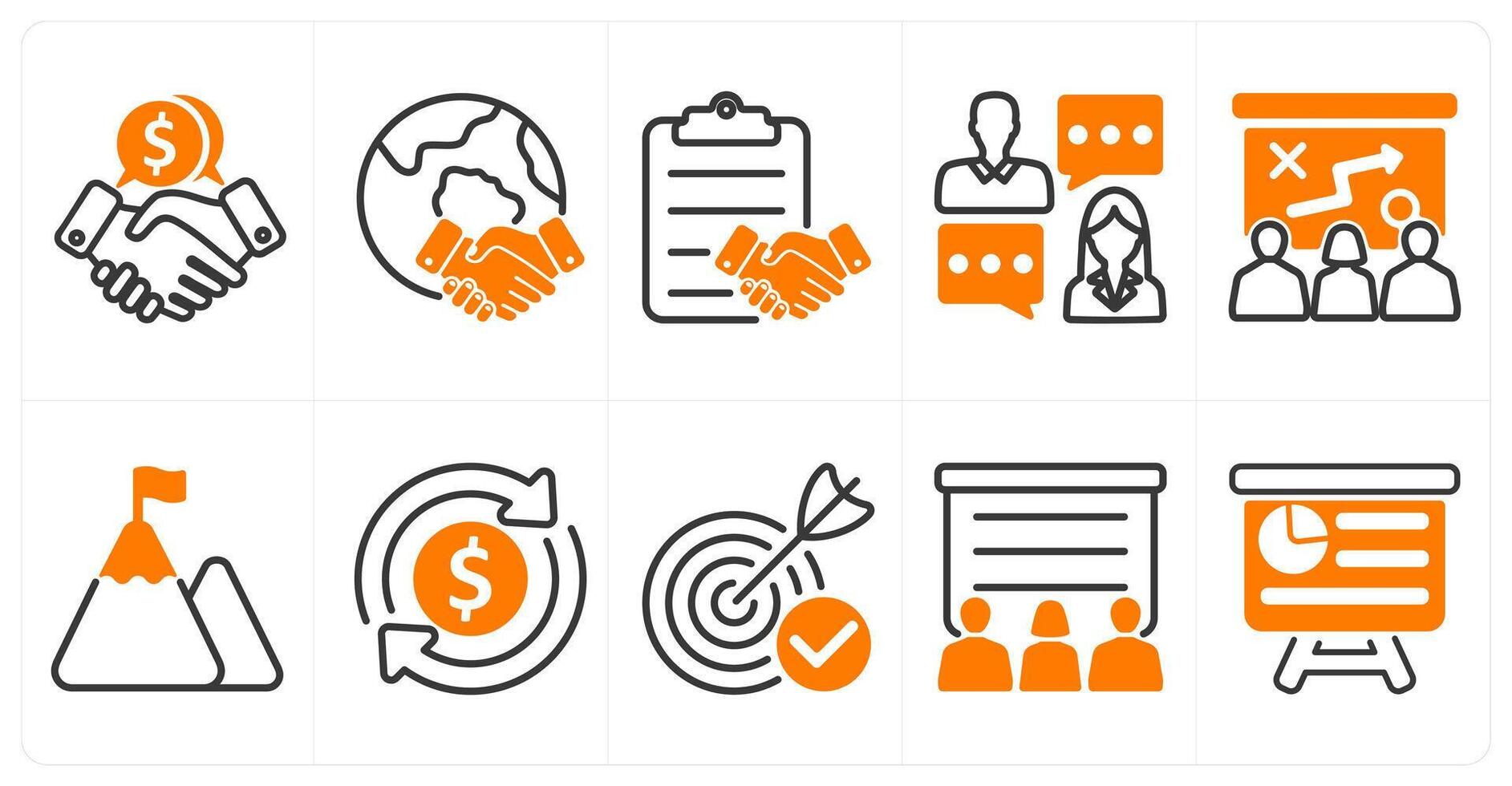 A set of 10 business icons as business deal, global business deal, agreement in orange color vector