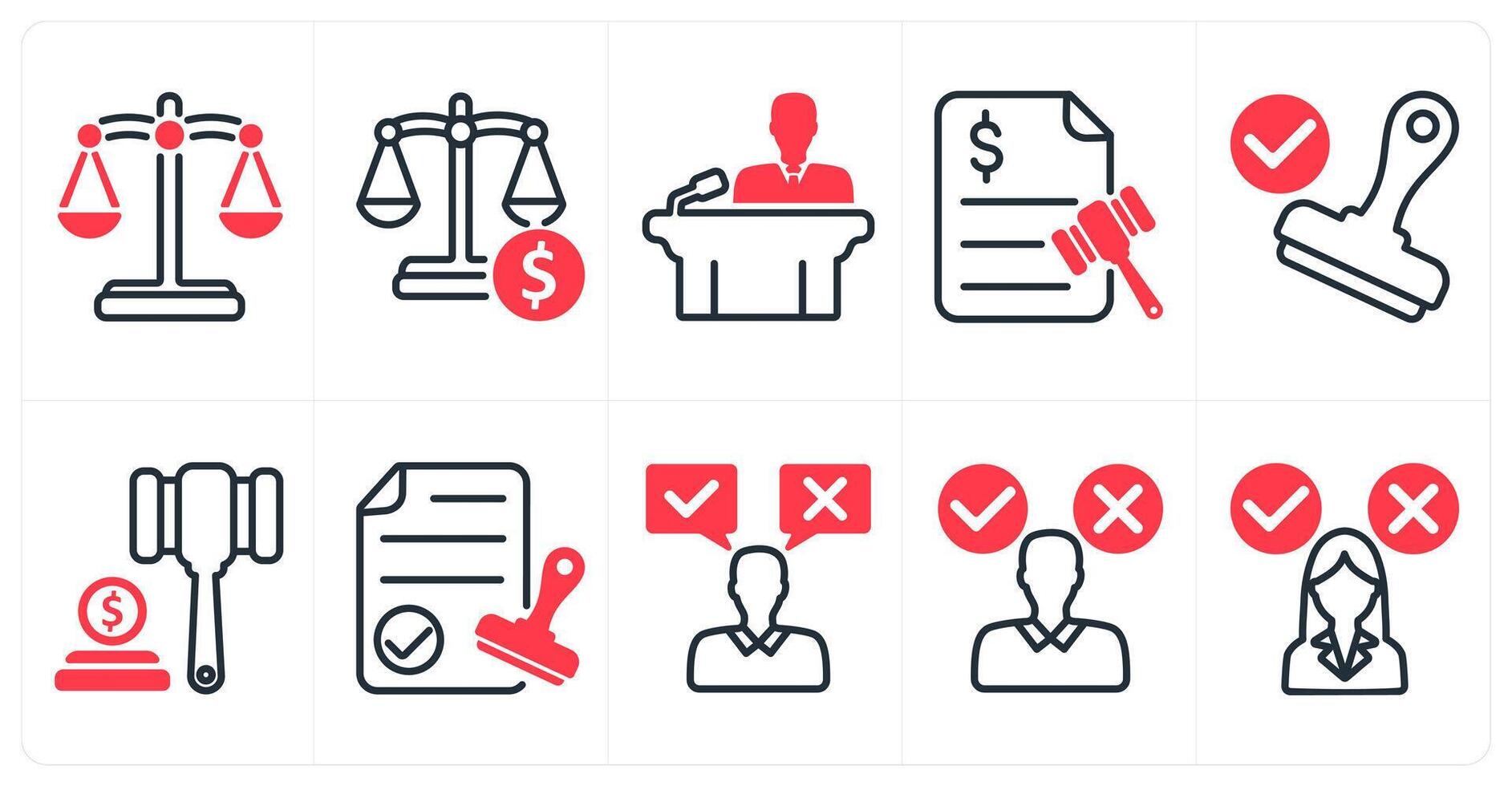 A set of 10 business icons as balance, judgement, conference in red color vector