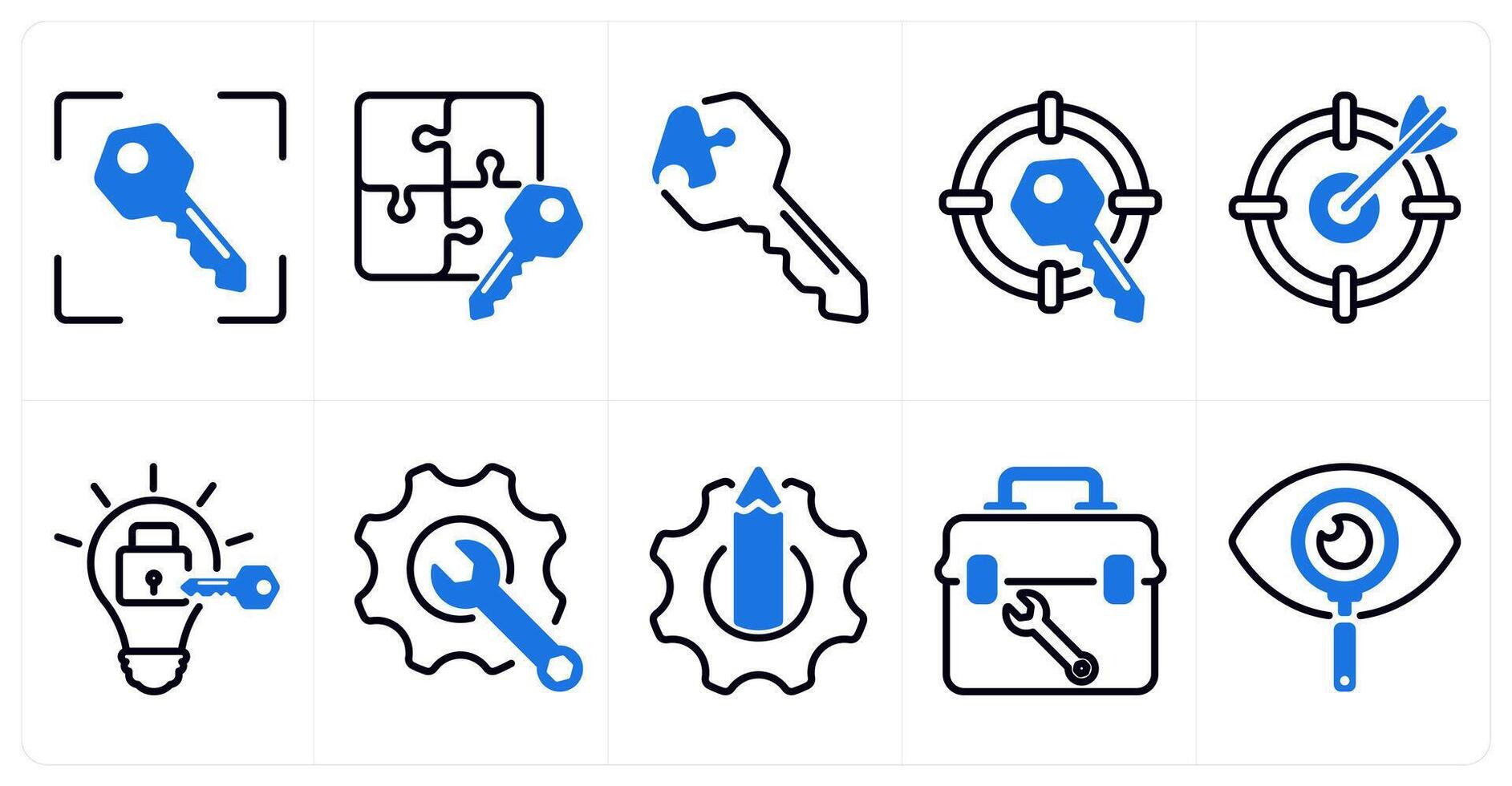 A set of 10 business icons as target key, business key, solution key in blue color vector