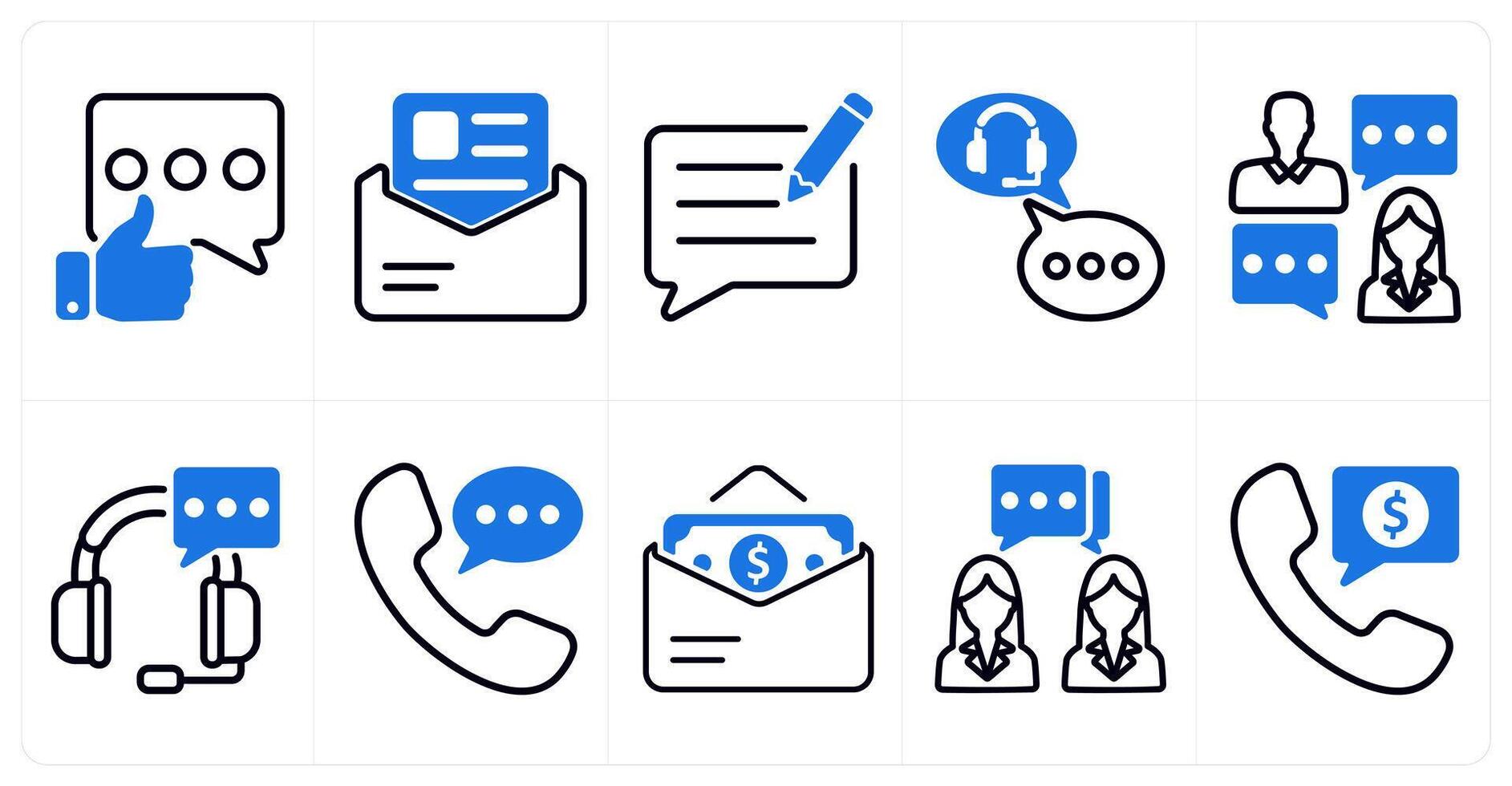A set of 10 business icons as positive feedback, job letter, write feedback in blue color vector