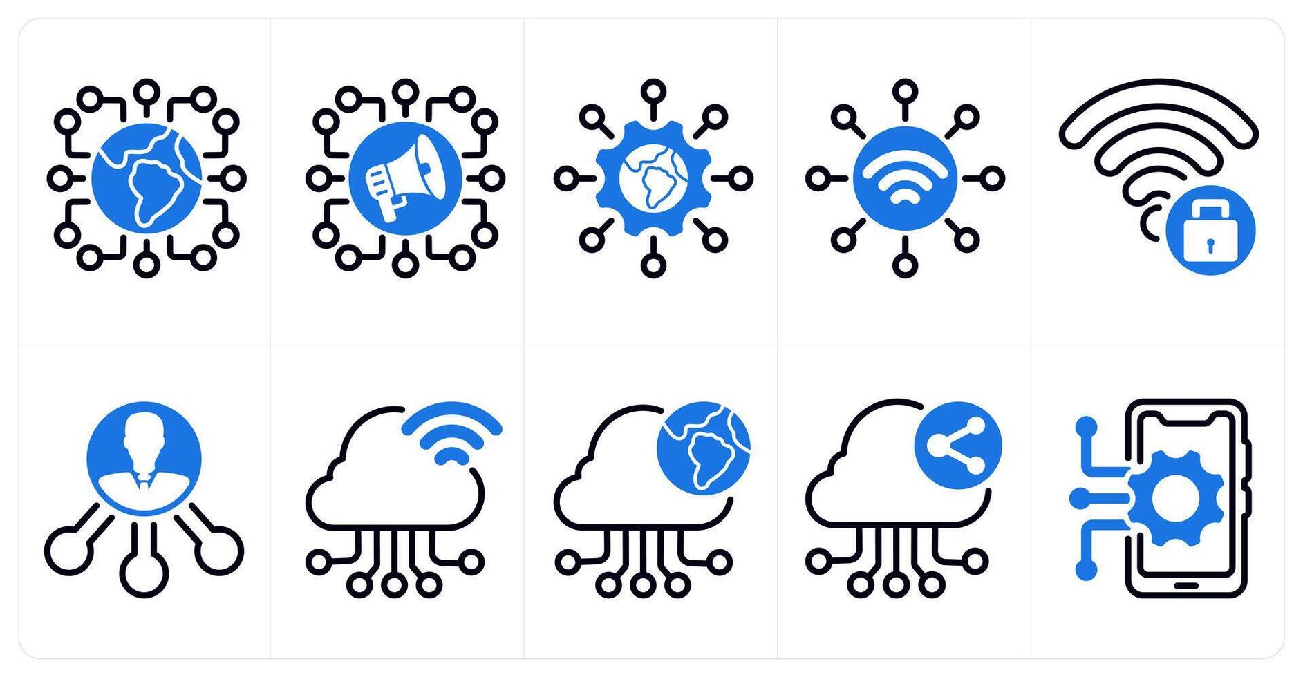 A set of 10 business and seo icons as connectivity, social campaign, global technology in blue color vector