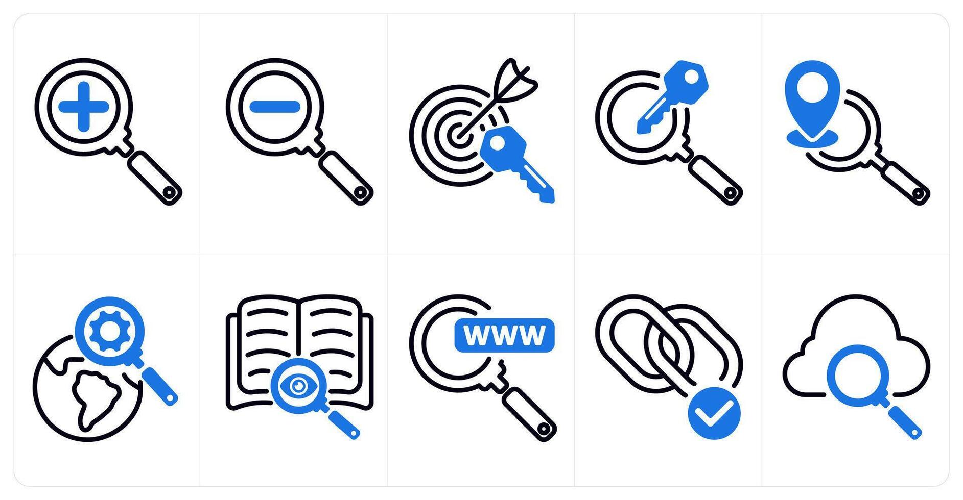 A set of 10 seo icons as zoom in, zoom out, target keywords in blue color vector