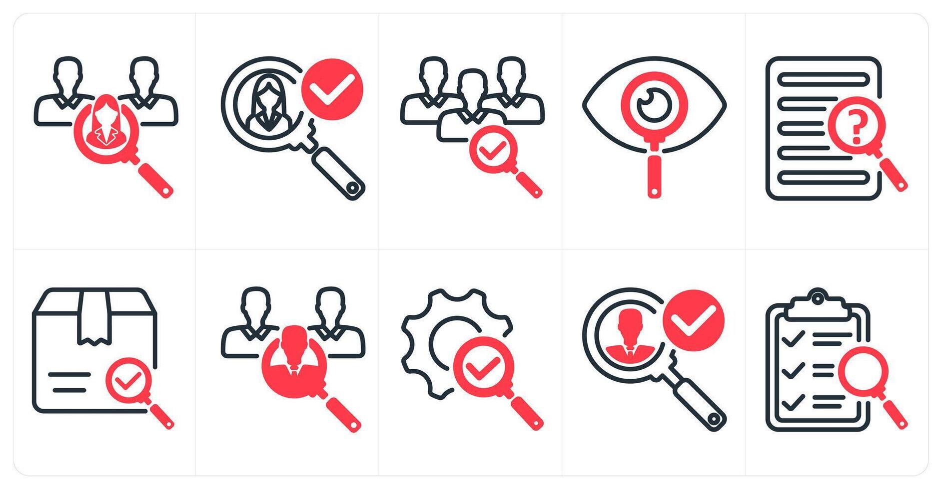 A set of 10 business icons as recruitment, find candidate, exploration in red color vector