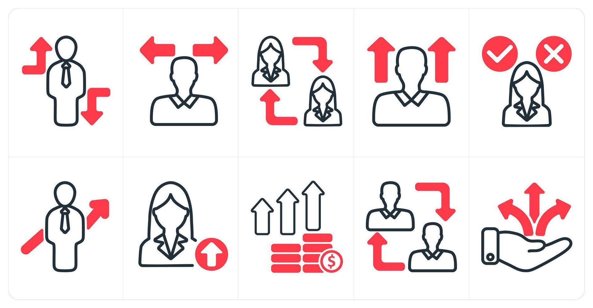 A set of 10 business icons as crisis overcome, confusion, employee change in red color vector