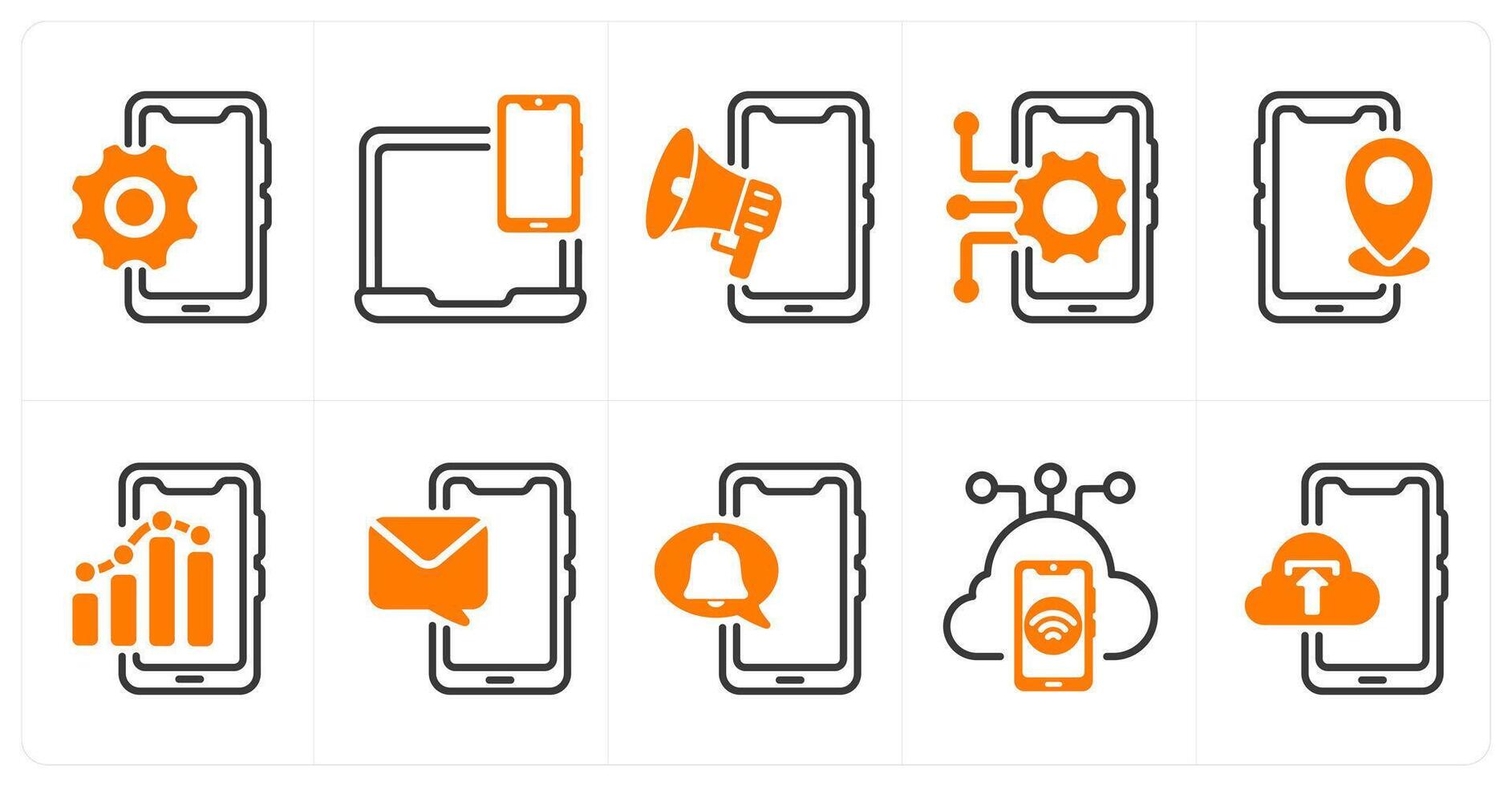 A set of 10 business and seo icons as mobile option, responsive design, mobile advertising, mobile technology vector
