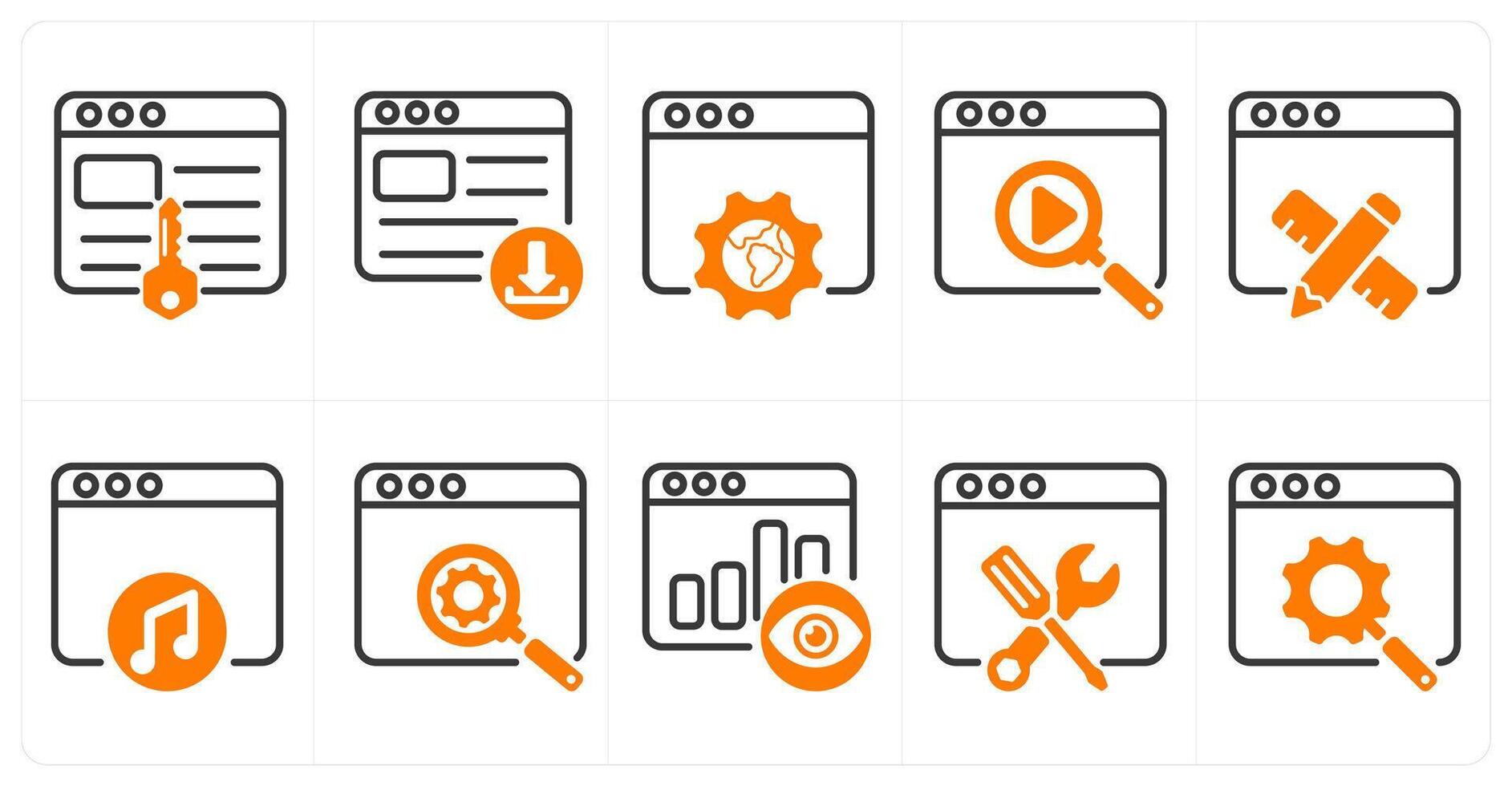 A set of 10 seo icons as keywords, download website, browser setting in orange color vector