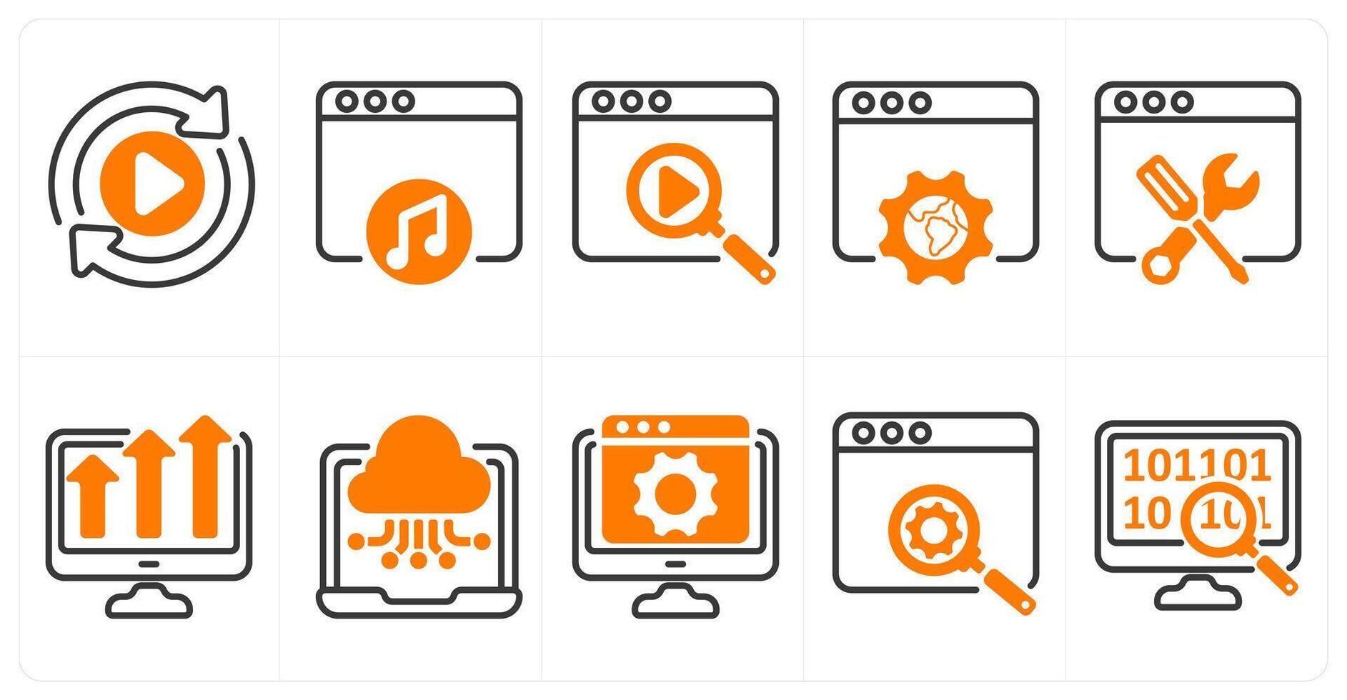 A set of 10 seo icons as convert, online music, search in orange color vector
