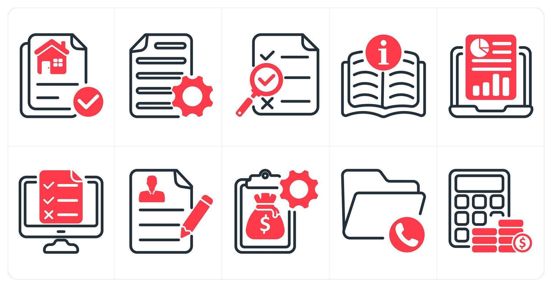 A set of 10 business icons as property document, document settings, search report in red color vector