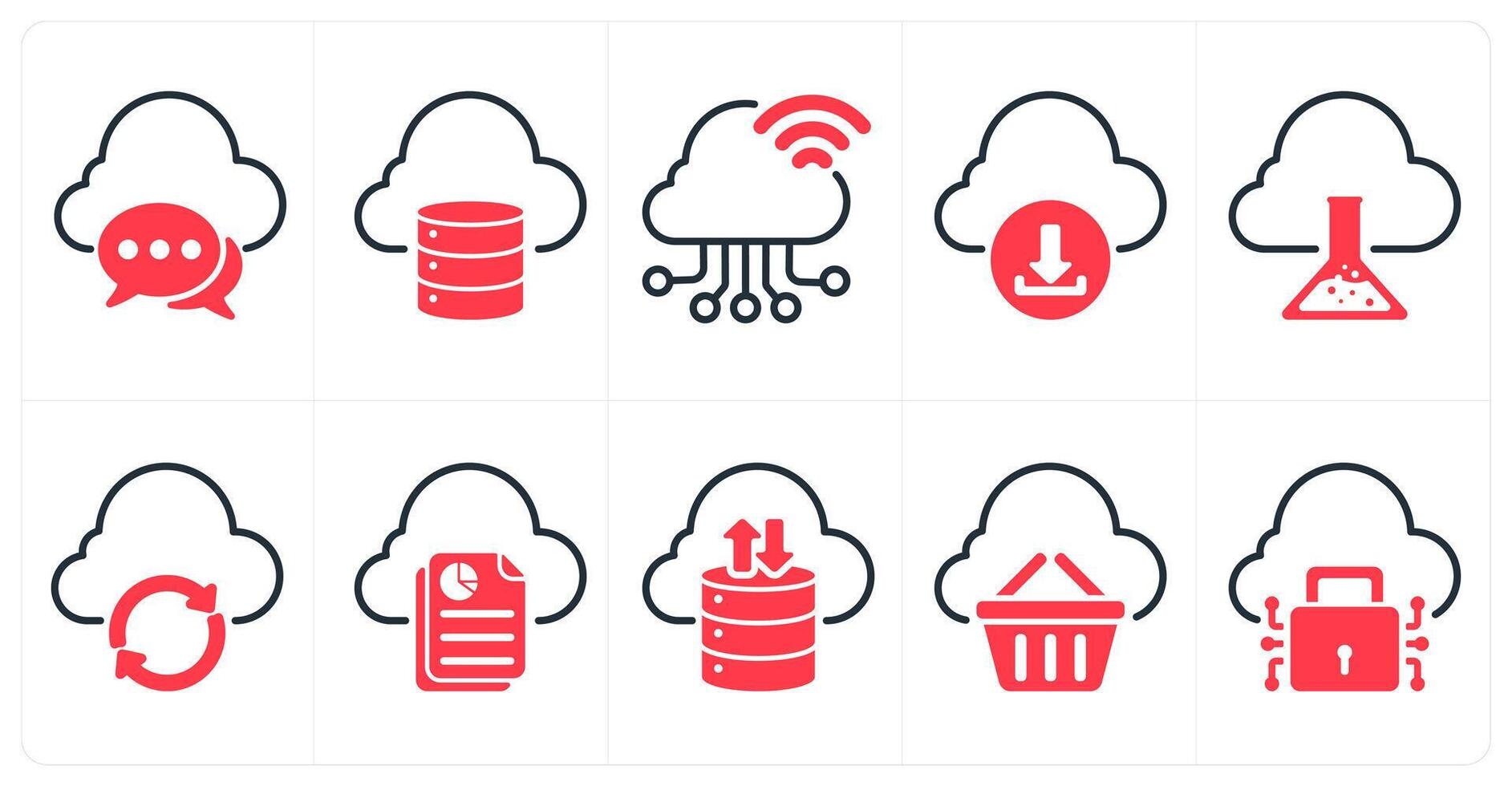 A set of 10 seo icons as cloud communication, storage, cloud connection in red color vector