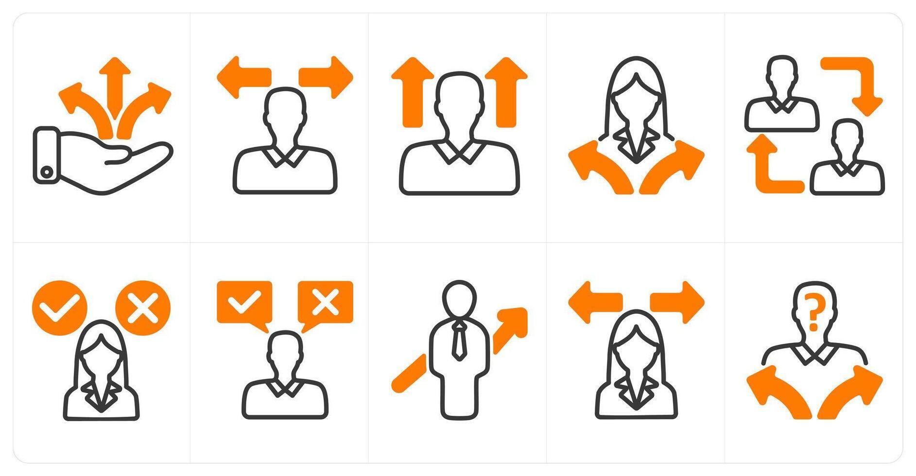 A set of 10 business icons as business direction, confusion, career vision, employee change in orange color vector