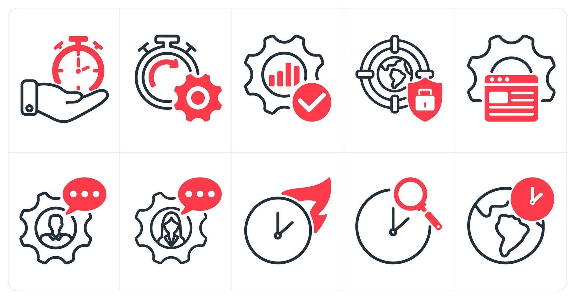 A set of 10 seo icons as time management, seo performance, optimization in red color vector
