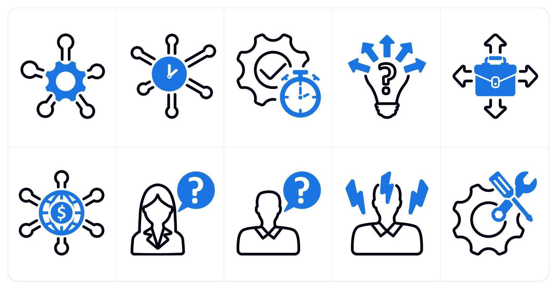 A set of 10 business icons as service network, time network, uncertanity in blue color vector