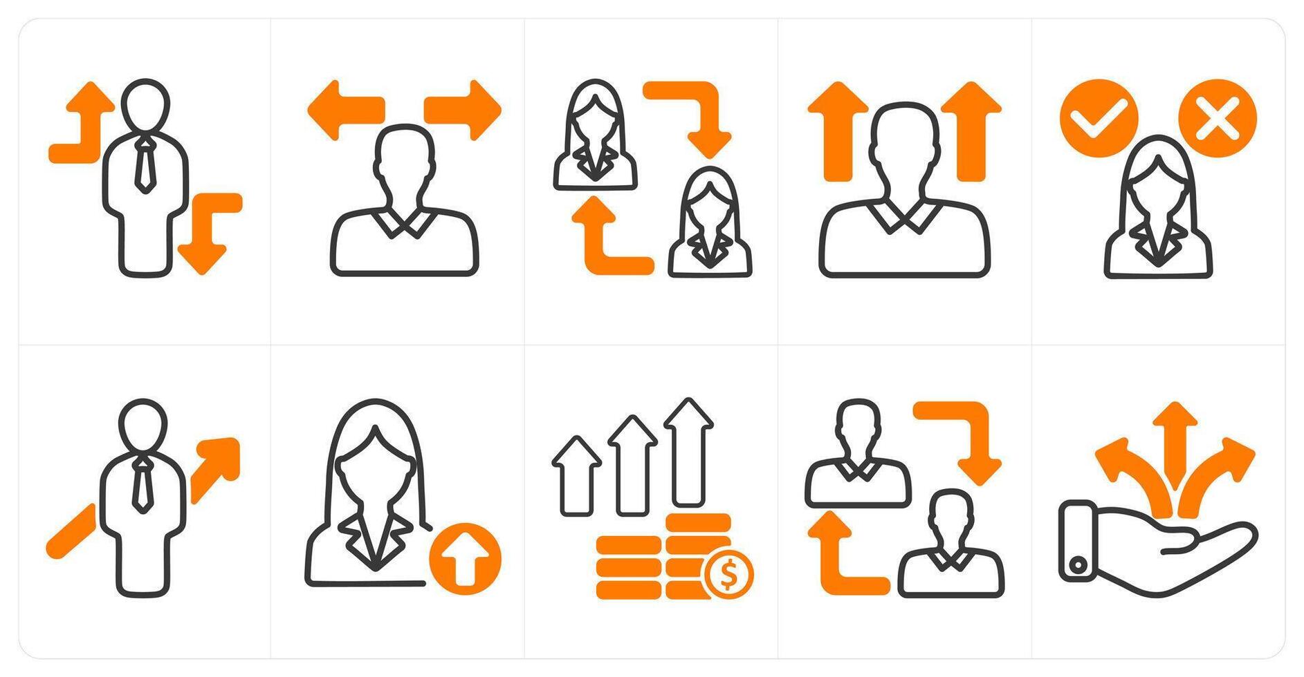 A set of 10 business icons as crisis overcome, confusion, employee change in orange color vector