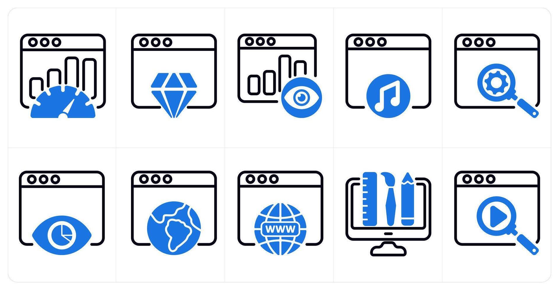 A set of 10 seo icons as seo performance, website reputation, page view in blue color vector