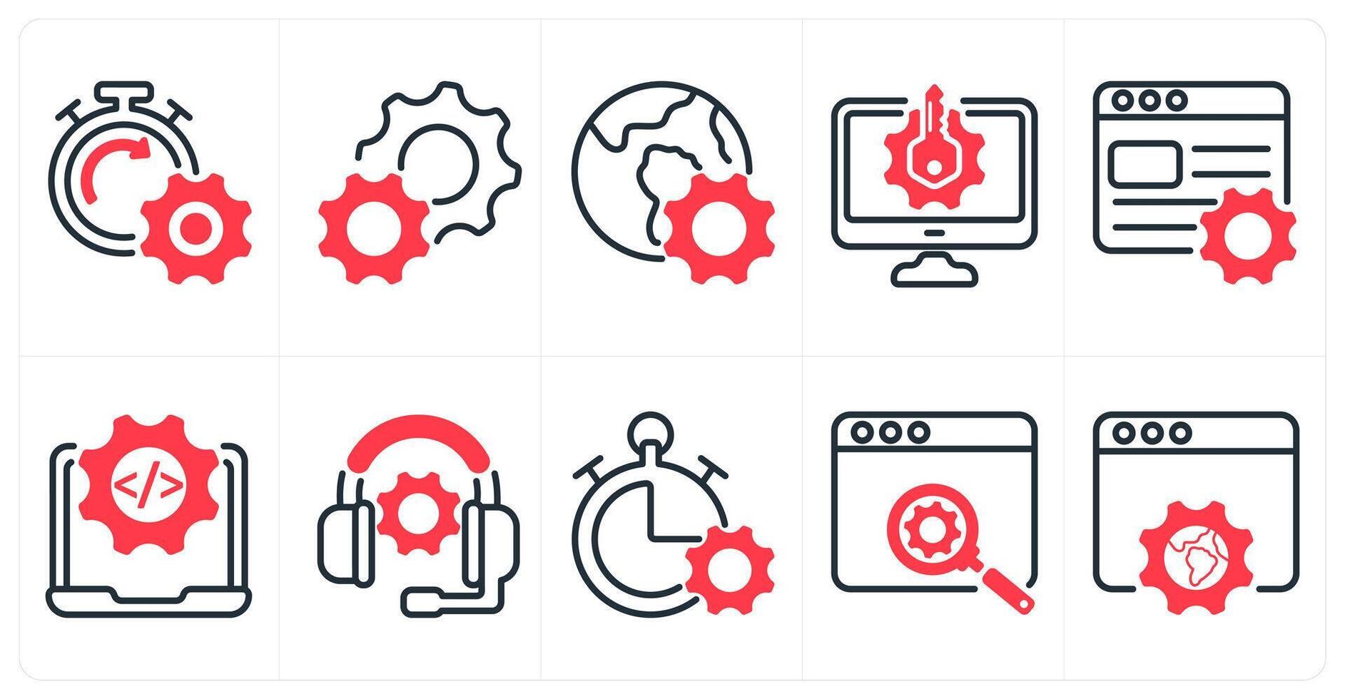 A set of 10 business and seo icons as seo performance, settings, browser optimization in red color vector