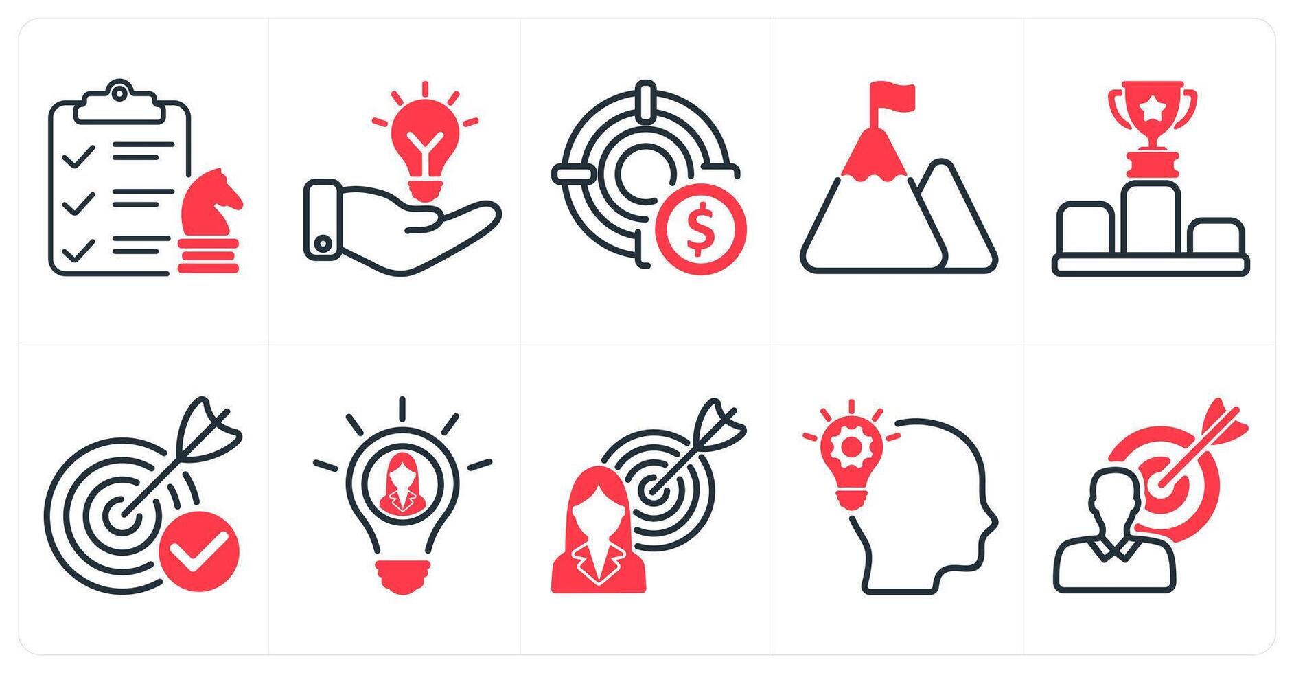 A set of 10 business icons as business startegy, solution, profit target in red color vector