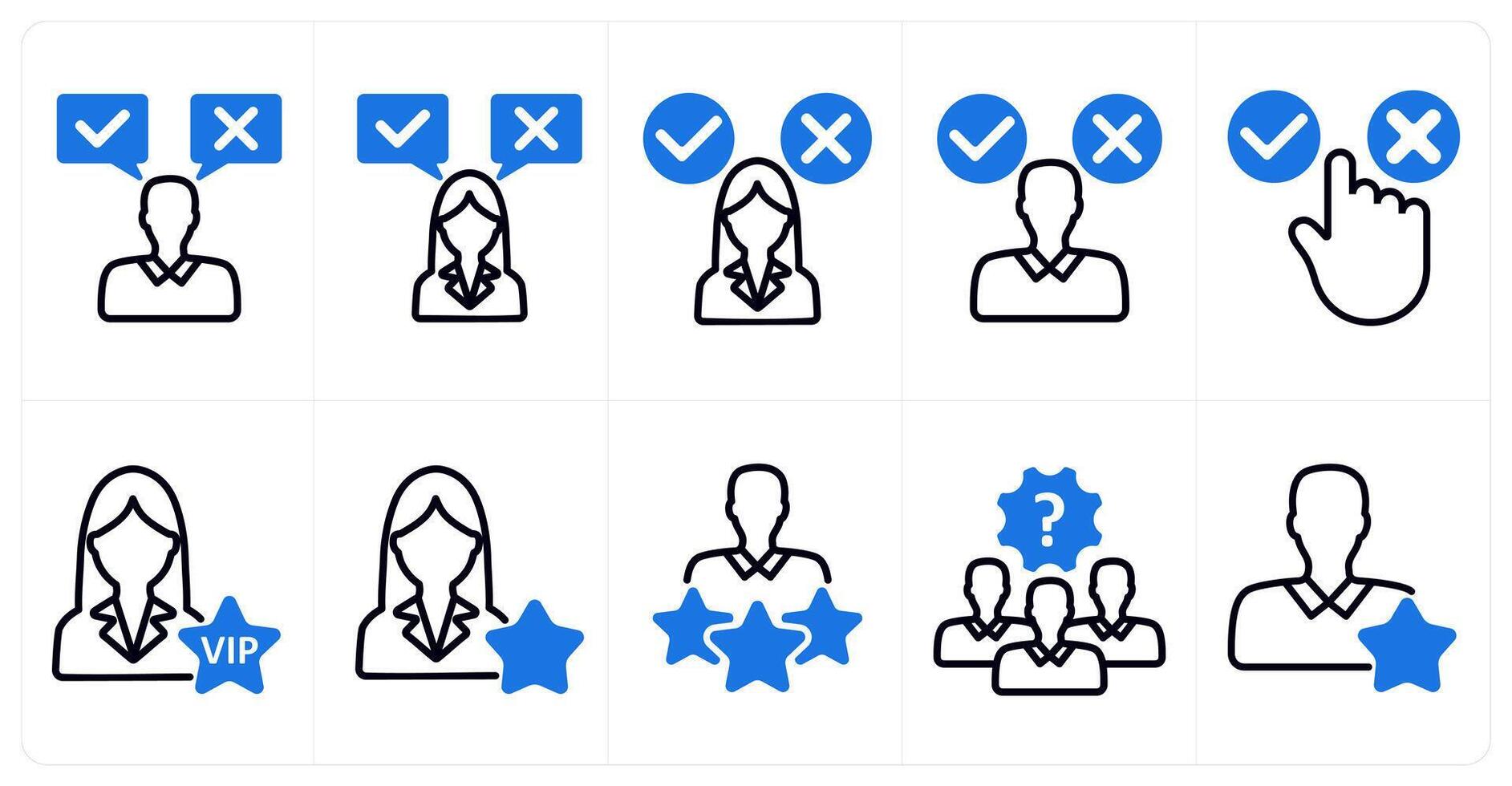 A set of 10 business icons as decision, decision making confusion, vip user in blue color vector