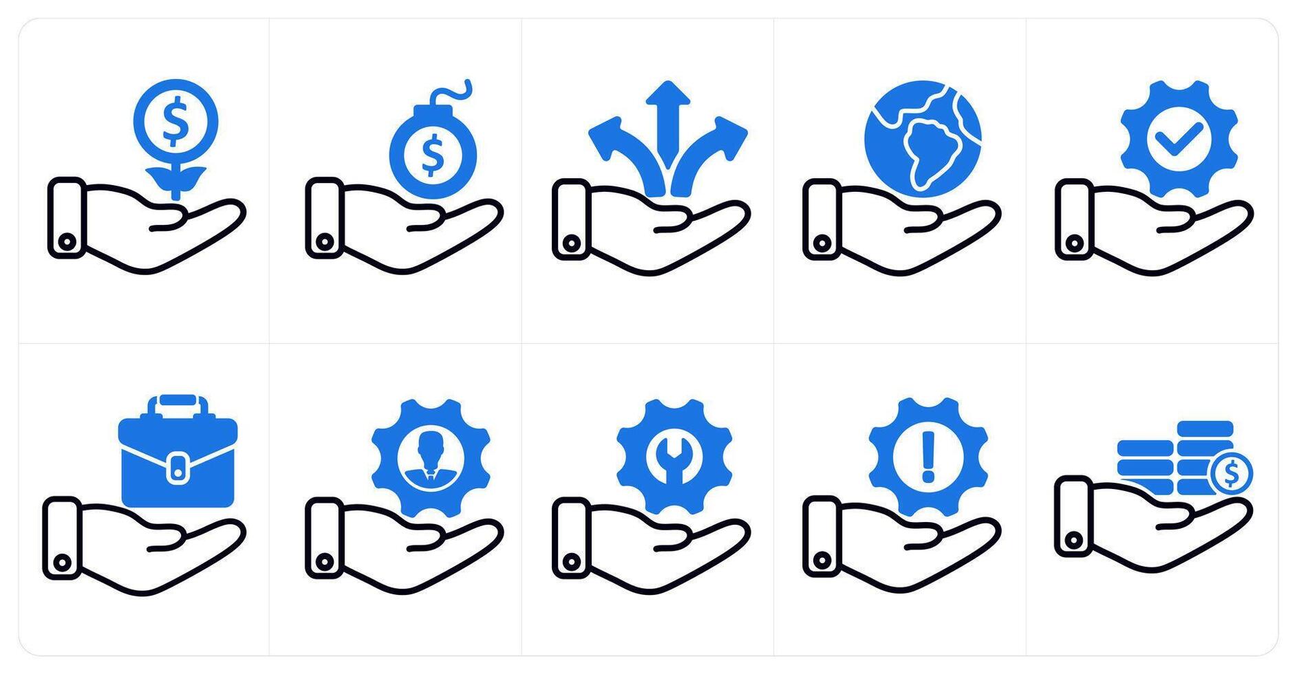 A set of 10 business icons as investment growth, debt, business direction in blue color vector