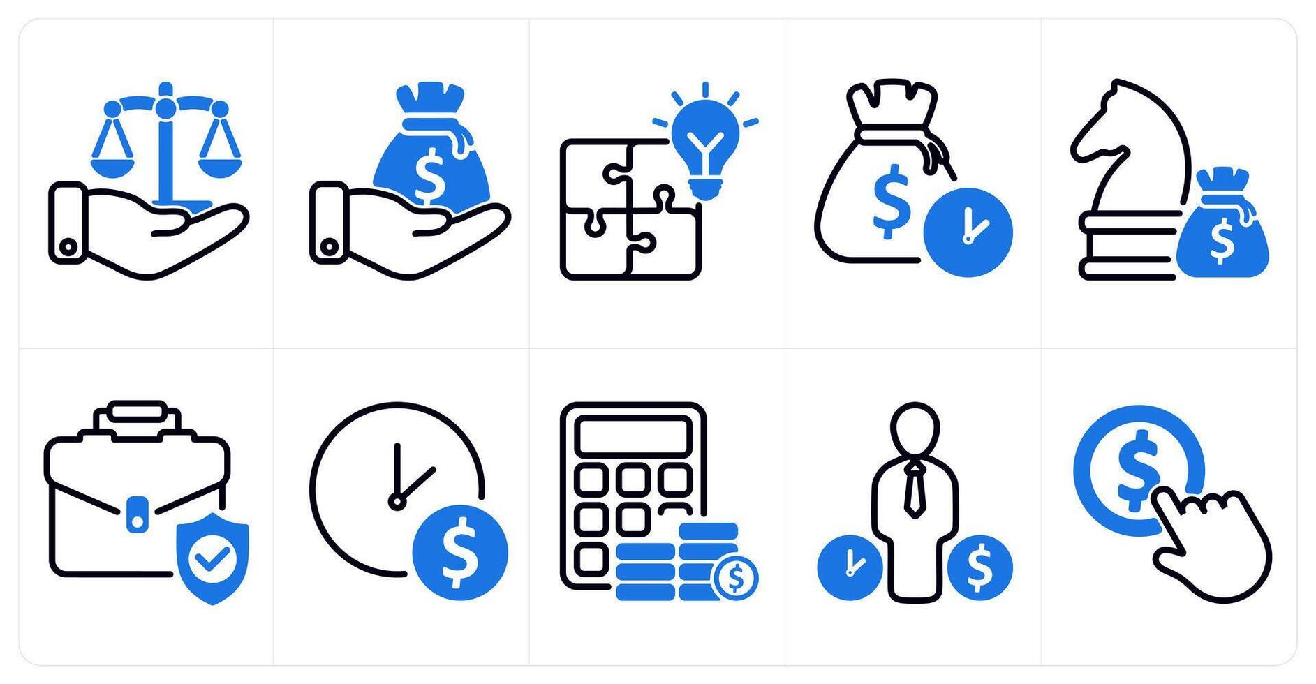 A set of 10 business icons as business legal judgement, capital, attraction in blue color vector