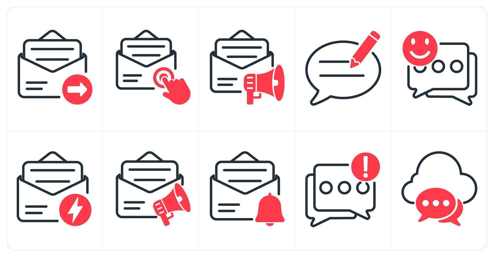 A set of 10 seo icons as email send, email subscription, email marketing in red color vector