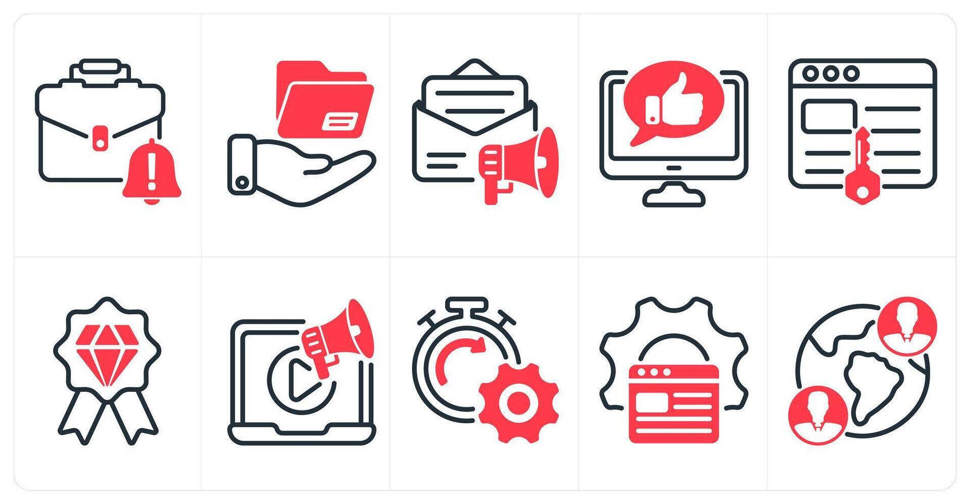 A set of 10 seo icons as business alert, file sharing, email marketing in red color vector