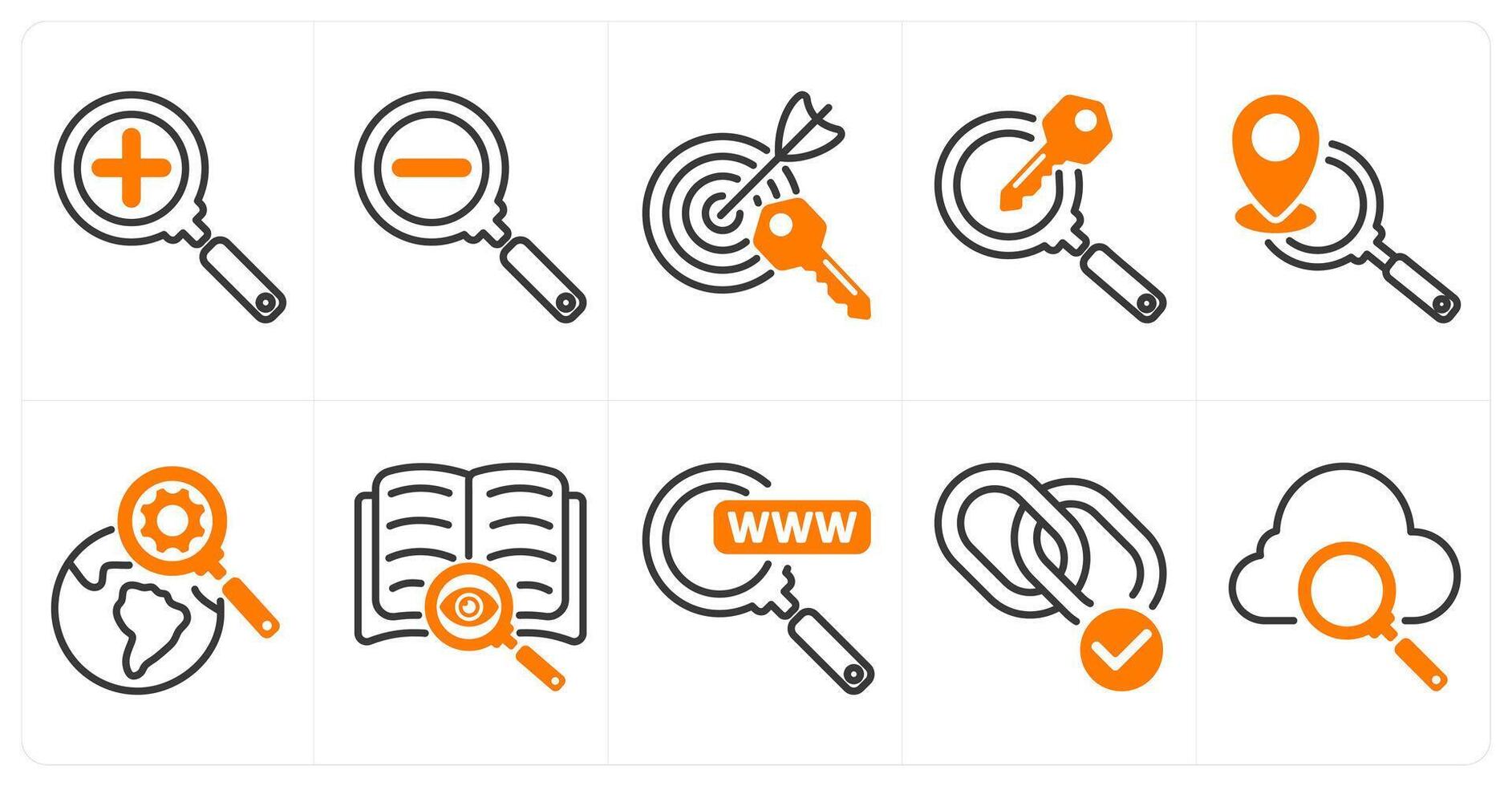 A set of 10 seo icons as zoom in, zoom out, target keywords in orange color vector