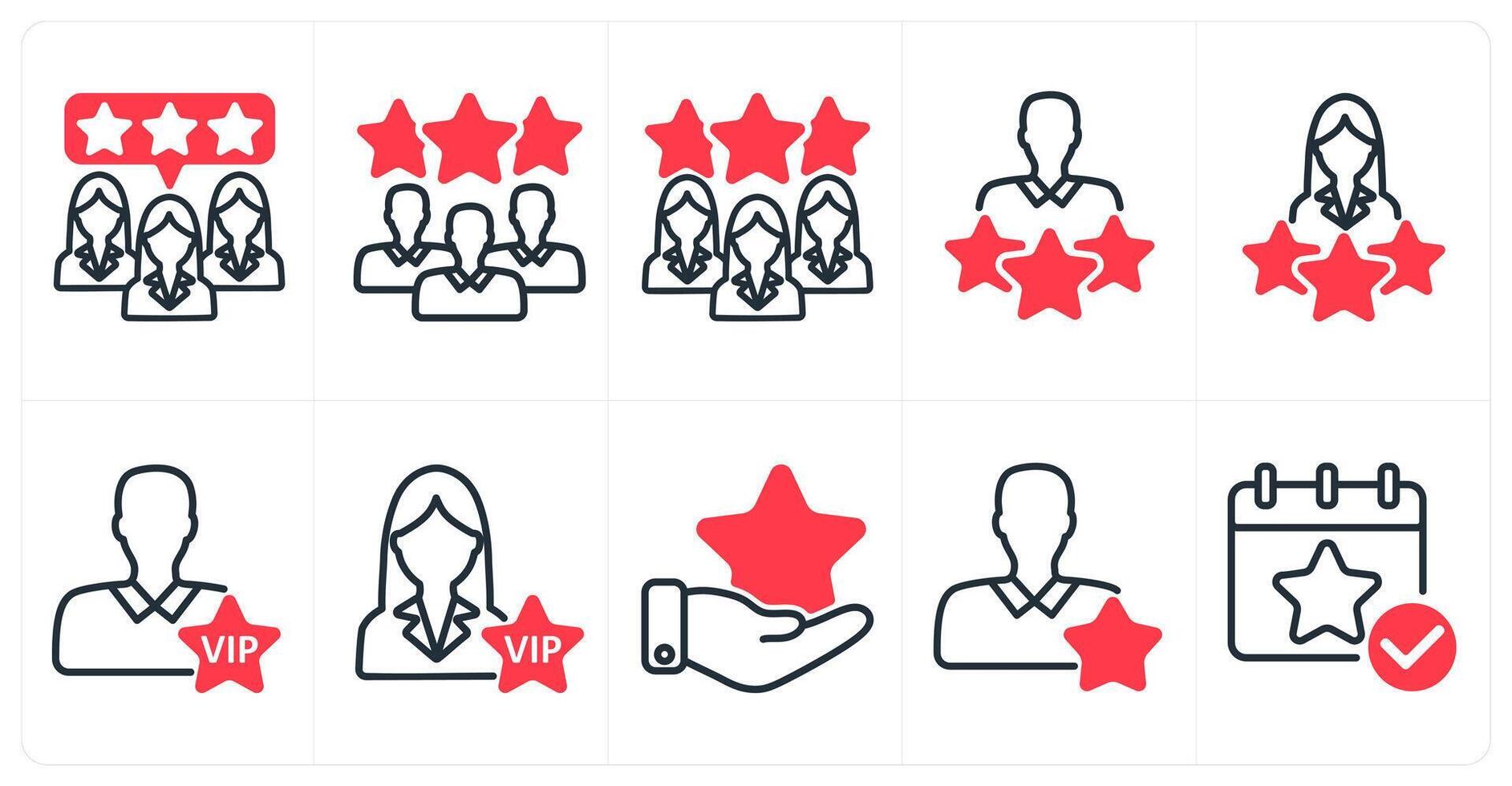A set of 10 business icons as customer feedback, expert team, premium user in red color vector