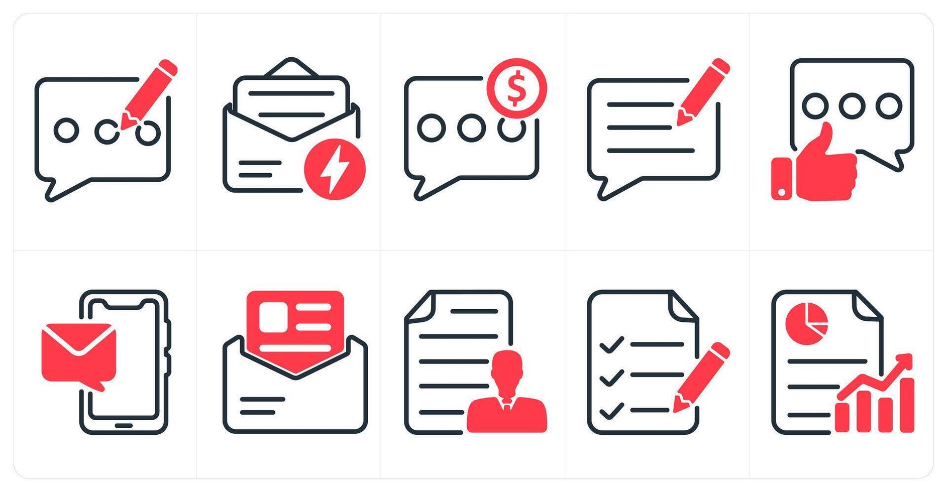 A set of 10 business and seo icons as blog, fast message, discuss budget in red color vector