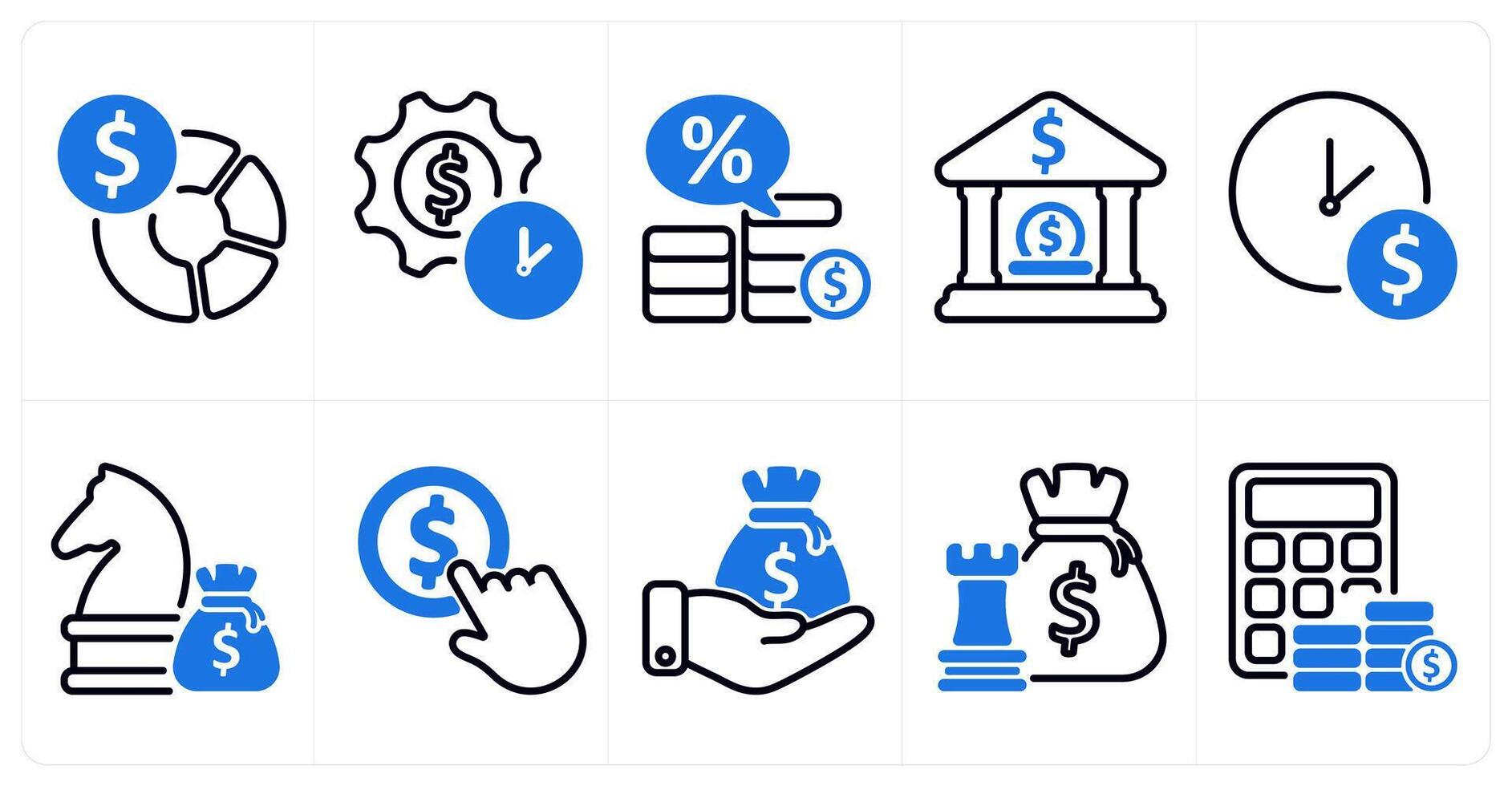 A set of 10 business and seo icons as busget planning, investment time plan, loan interest rate in blue color vector