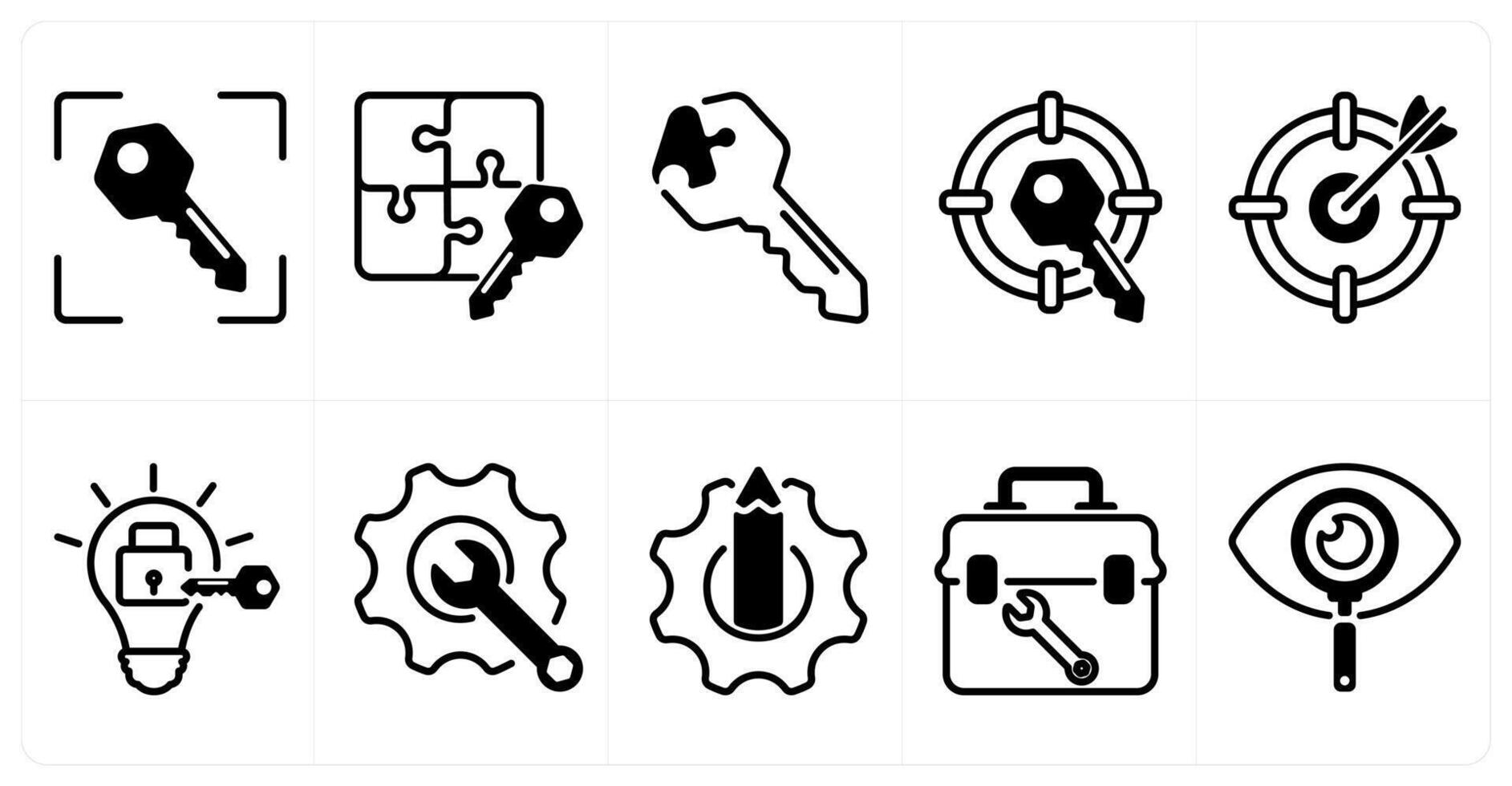 A set of 10 business icons as target key, business key, solution key in black color vector