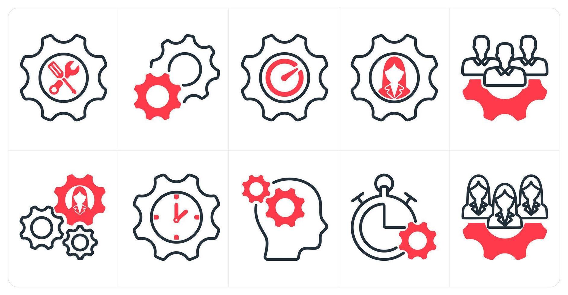 A set of 10 business icons as support, settings, performance, employee management in red color vector