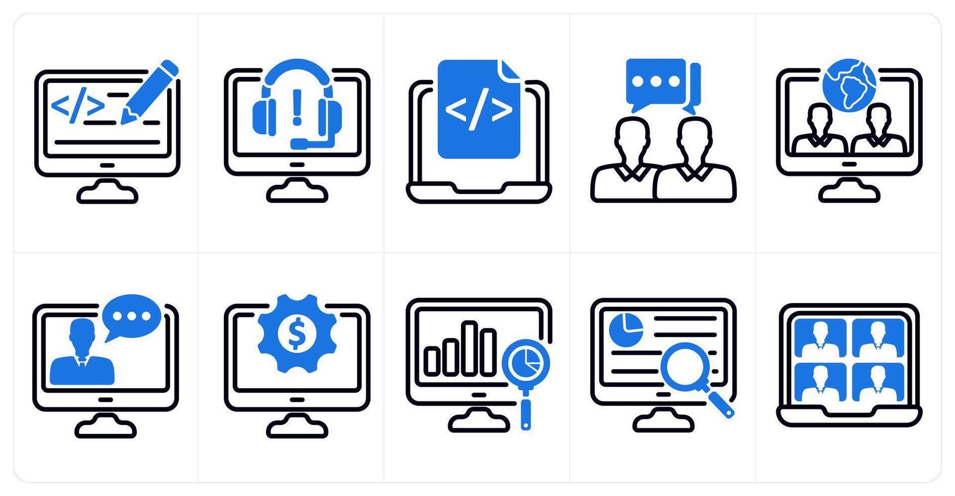 A set of 10 business icons as web designing, online support, web development in blue color vector