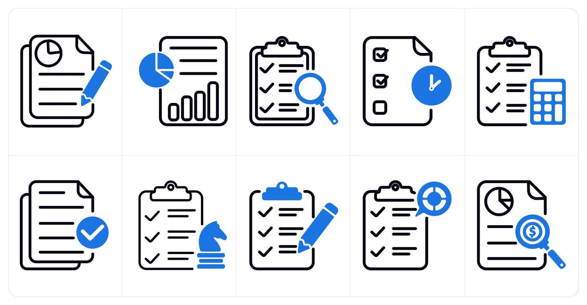 A set of 10 business and seo icons as business report, report, report search in blue color vector