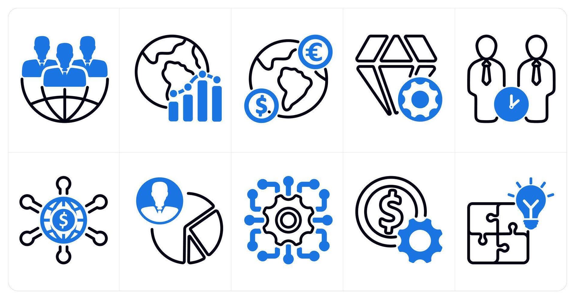 A set of 10 business icons as global business, global report, global currency in blue color vector