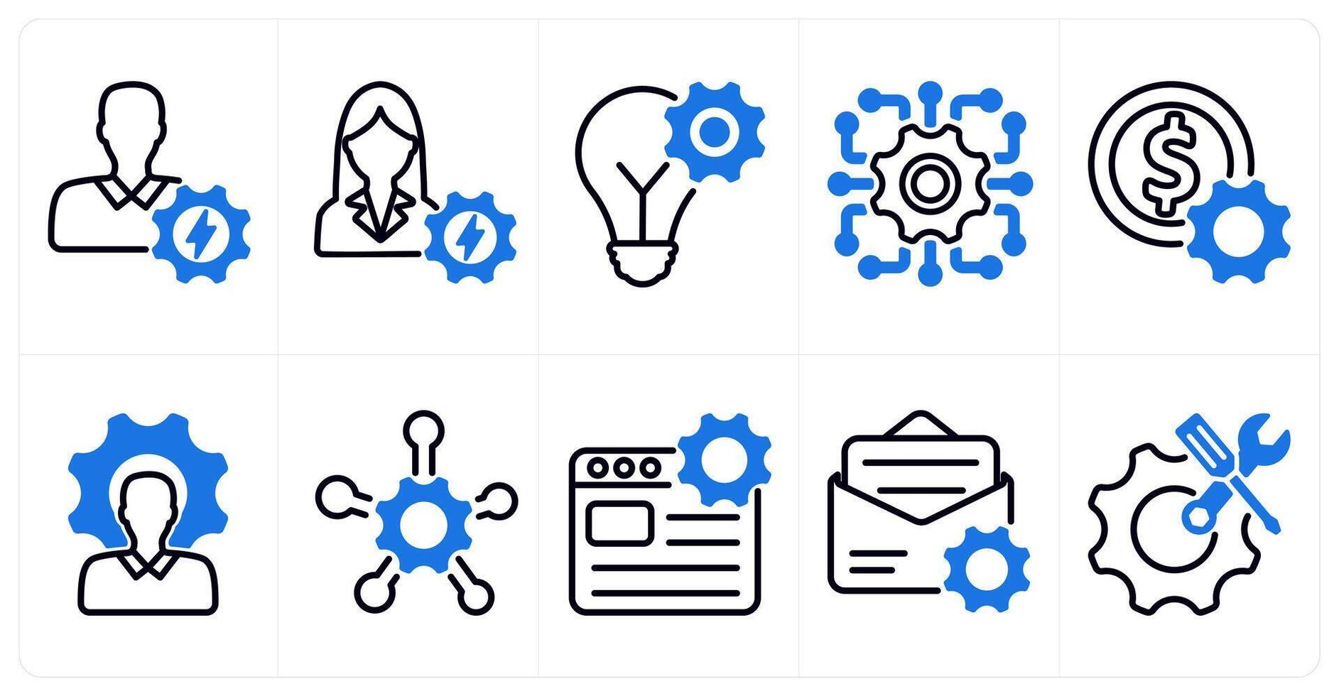 A set of 10 business and seo icons as efficient person, efficient person, idea development in blue color vector