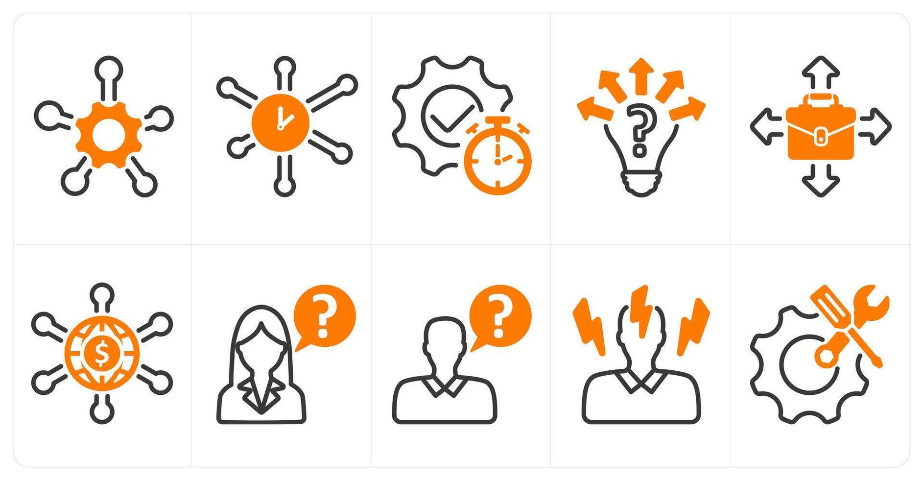A set of 10 business icons as service network, time network, uncertanity in orange color vector