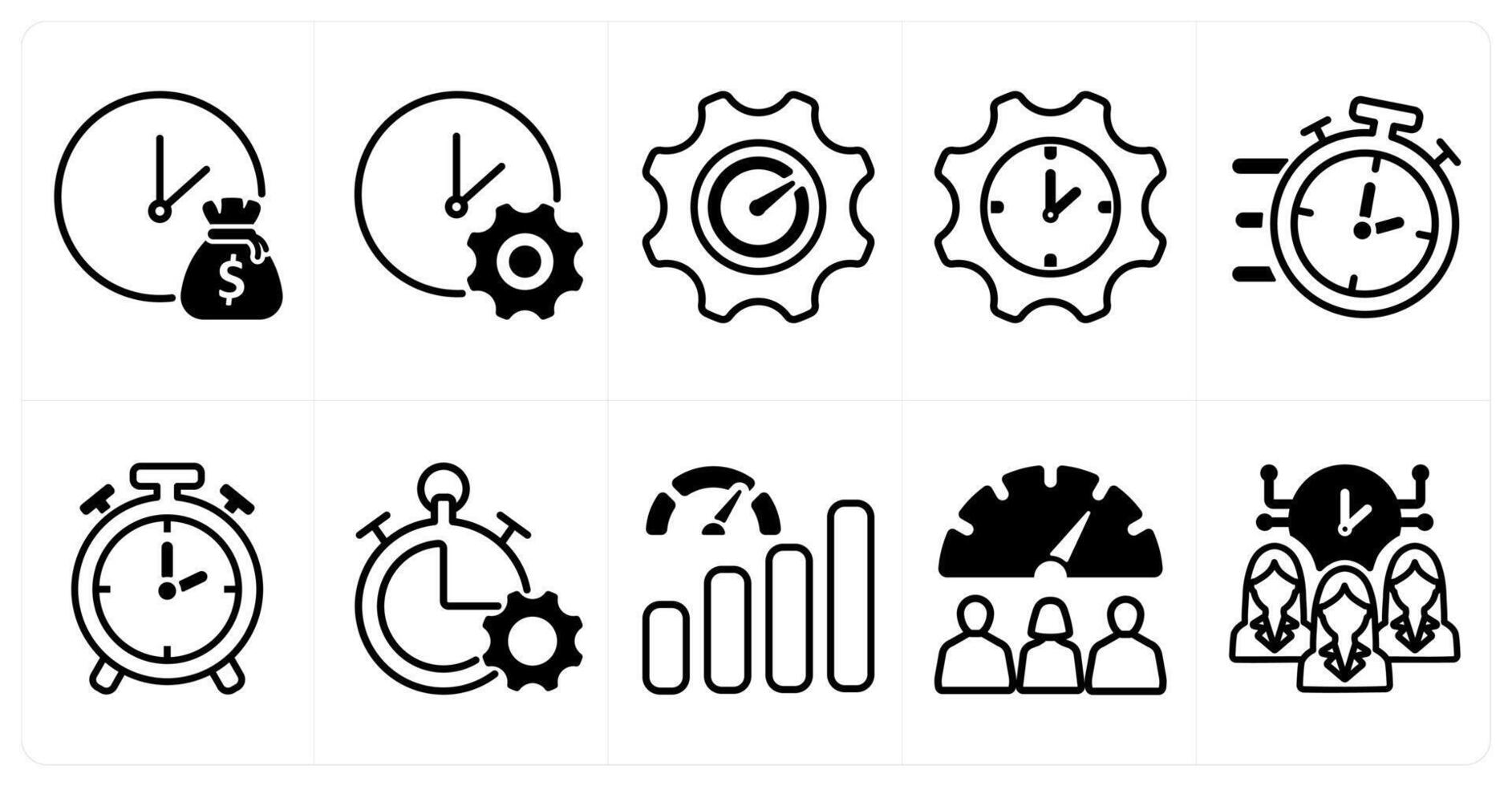 A set of 10 business icons as time is money, time management, performance in black color vector