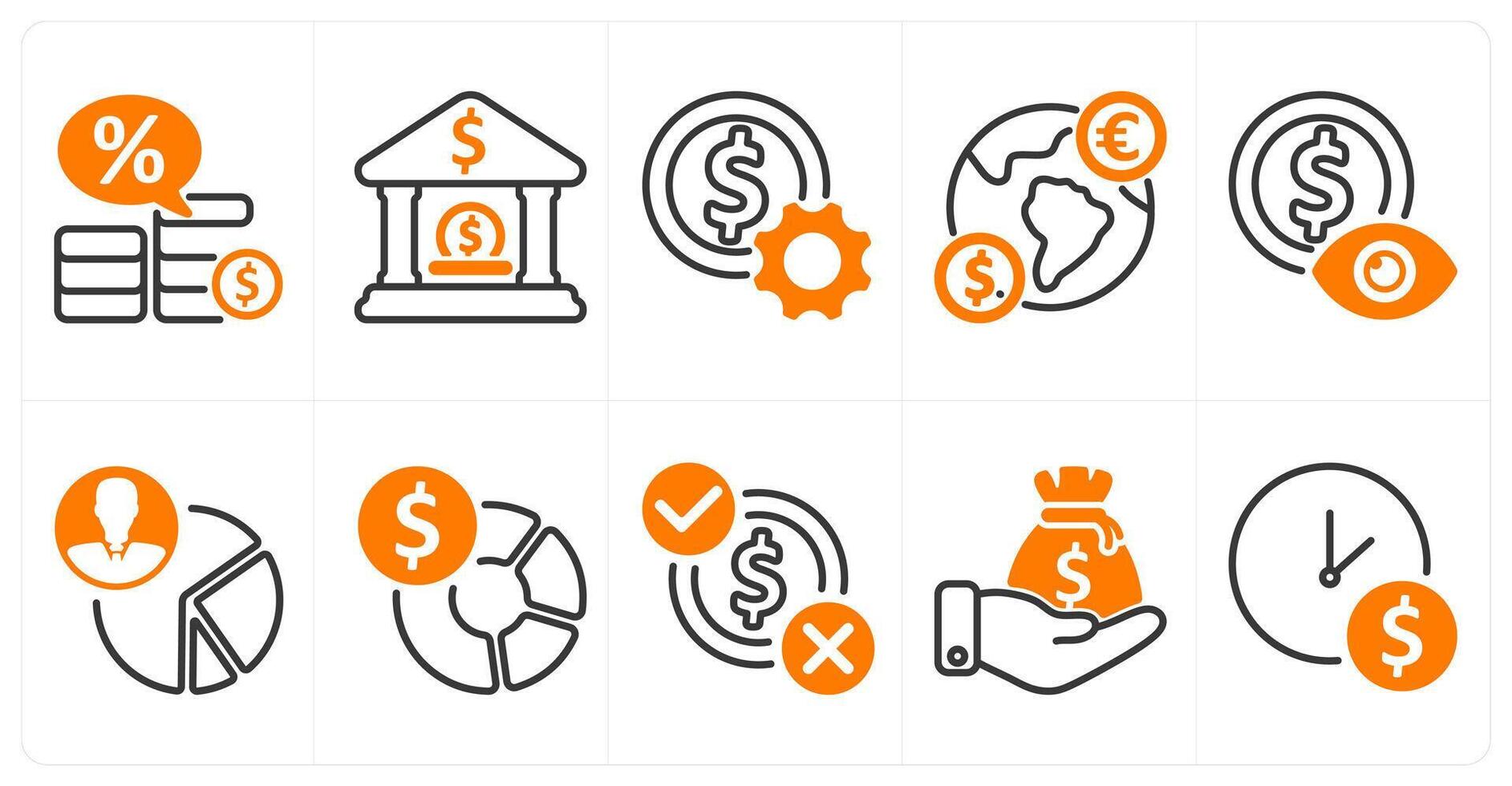 A set of 10 business icons as loan interest rate, bank deposit, money setting in orange color vector