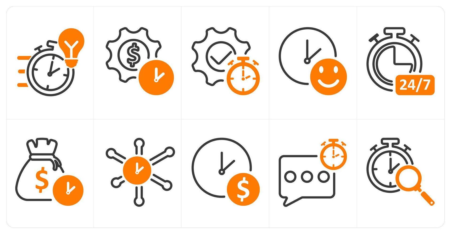 A set of 10 business icons as quick solution, investment time plan, productivity in orange color vector