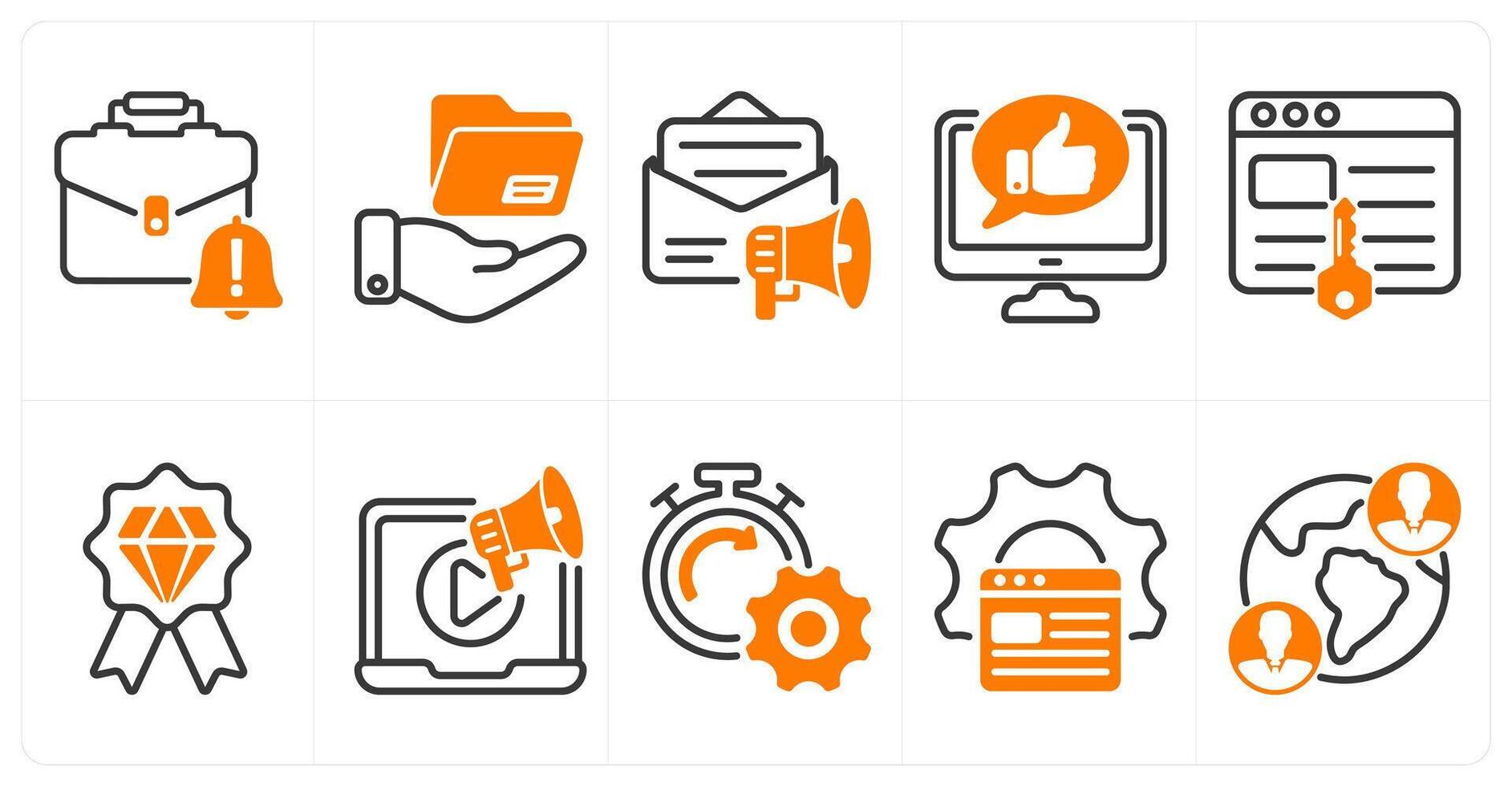 A set of 10 seo icons as business alert, file sharing, email marketing in orange color vector