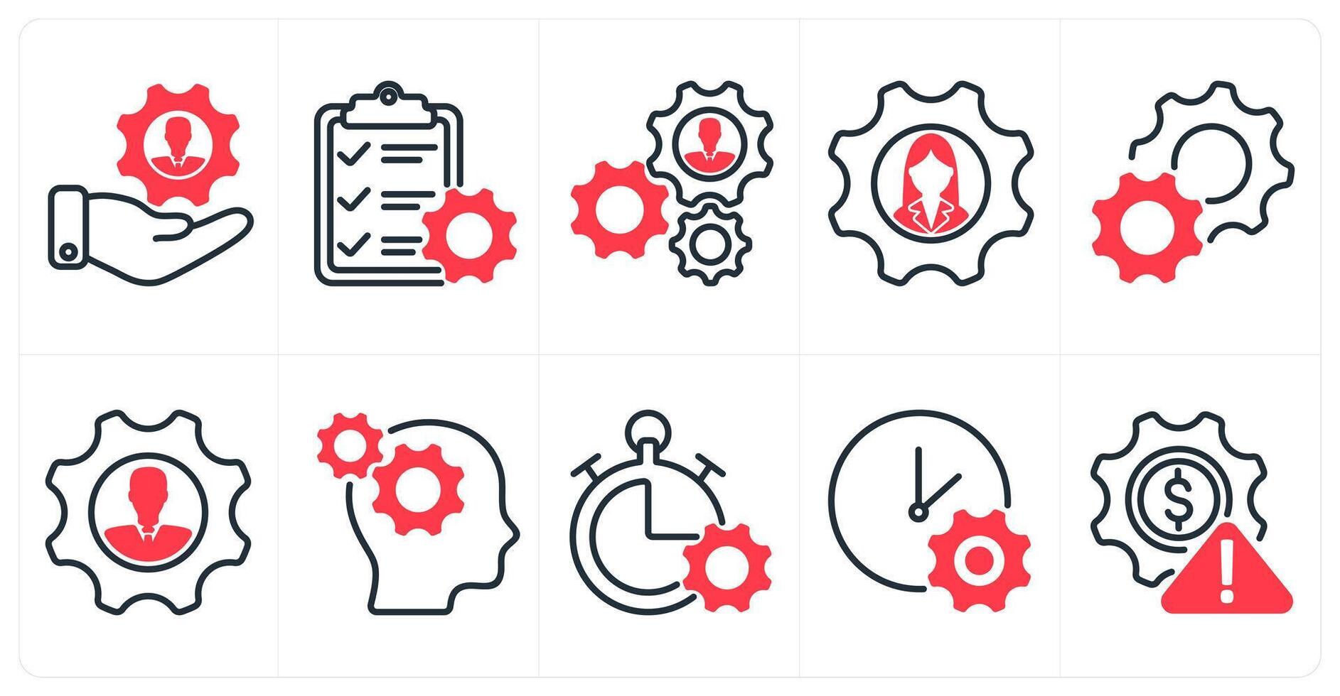 A set of 10 business icons as human resource managament, service list, business support in red color vector