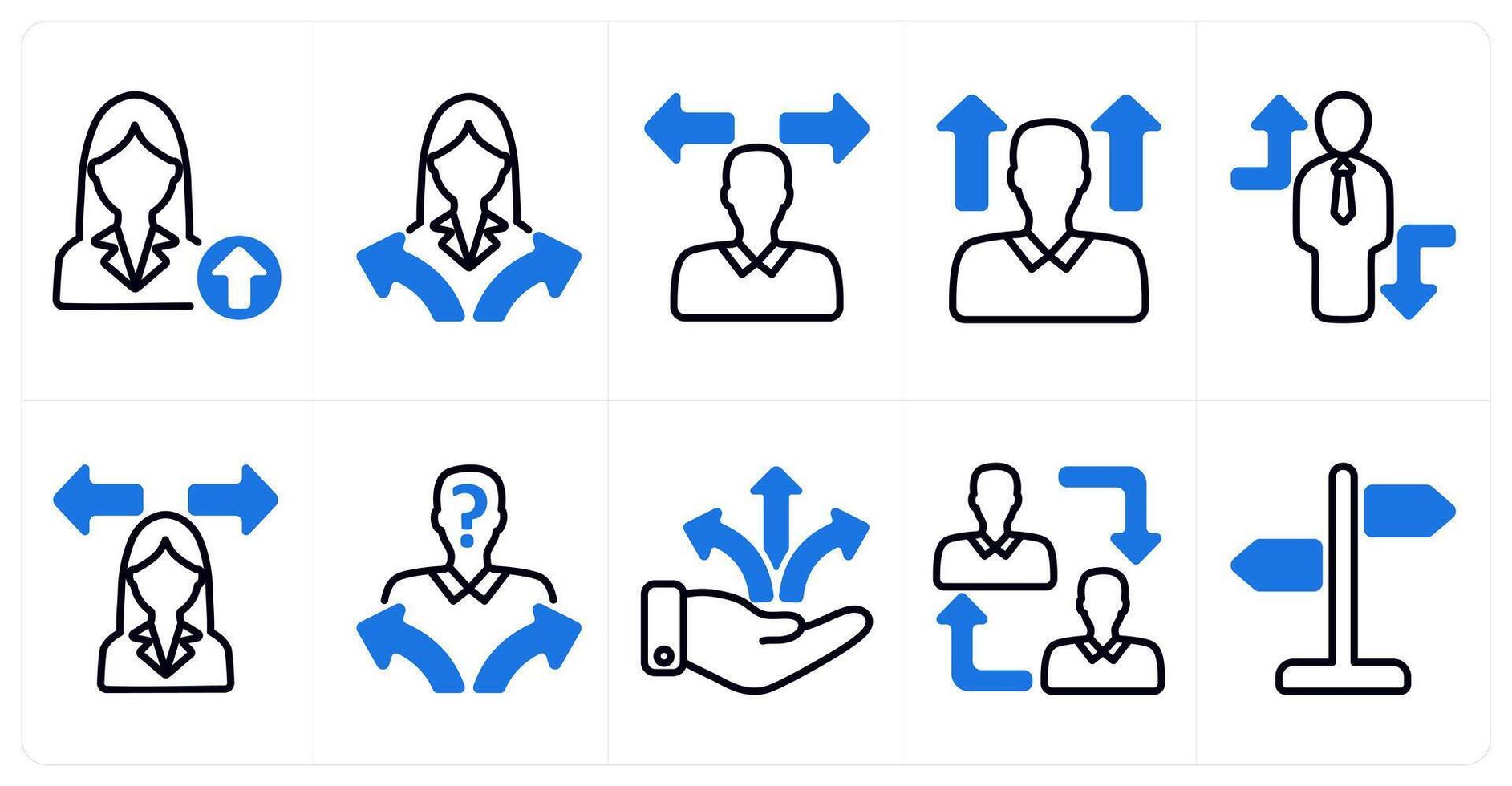 A set of 10 business icons as career up, confusion, career vision in blue color vector
