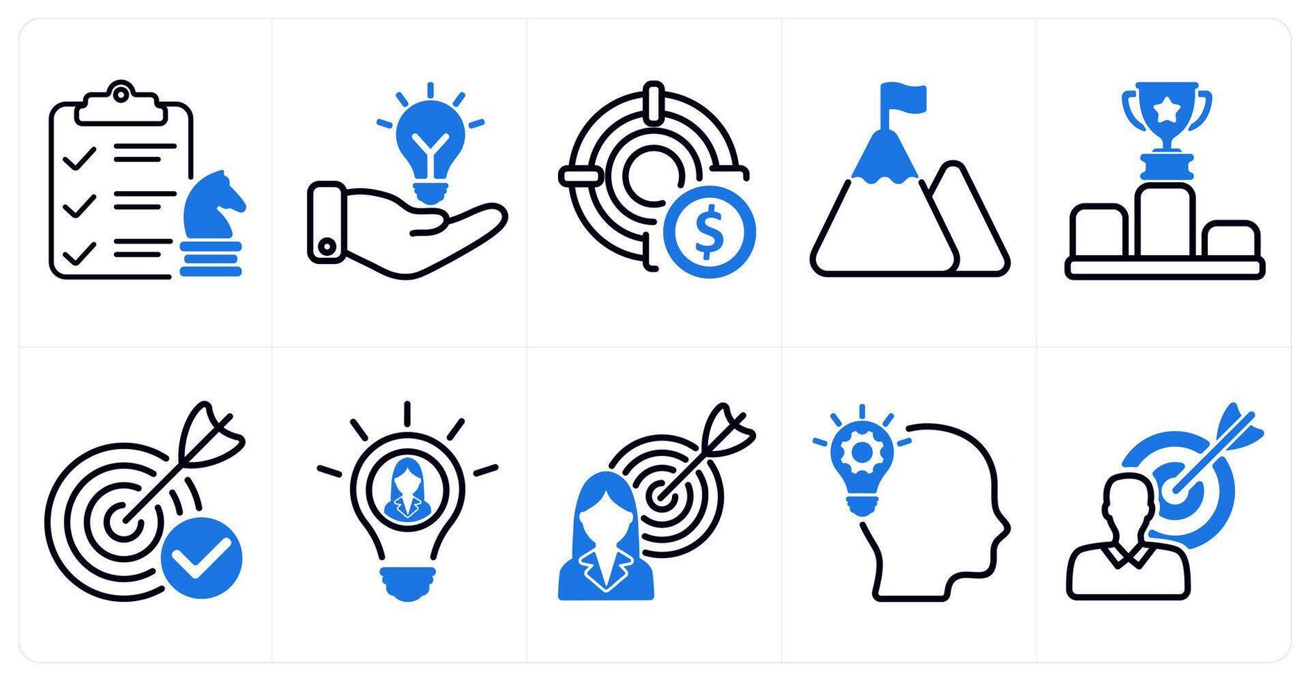 A set of 10 business icons as business startegy, solution, profit target in blue color vector
