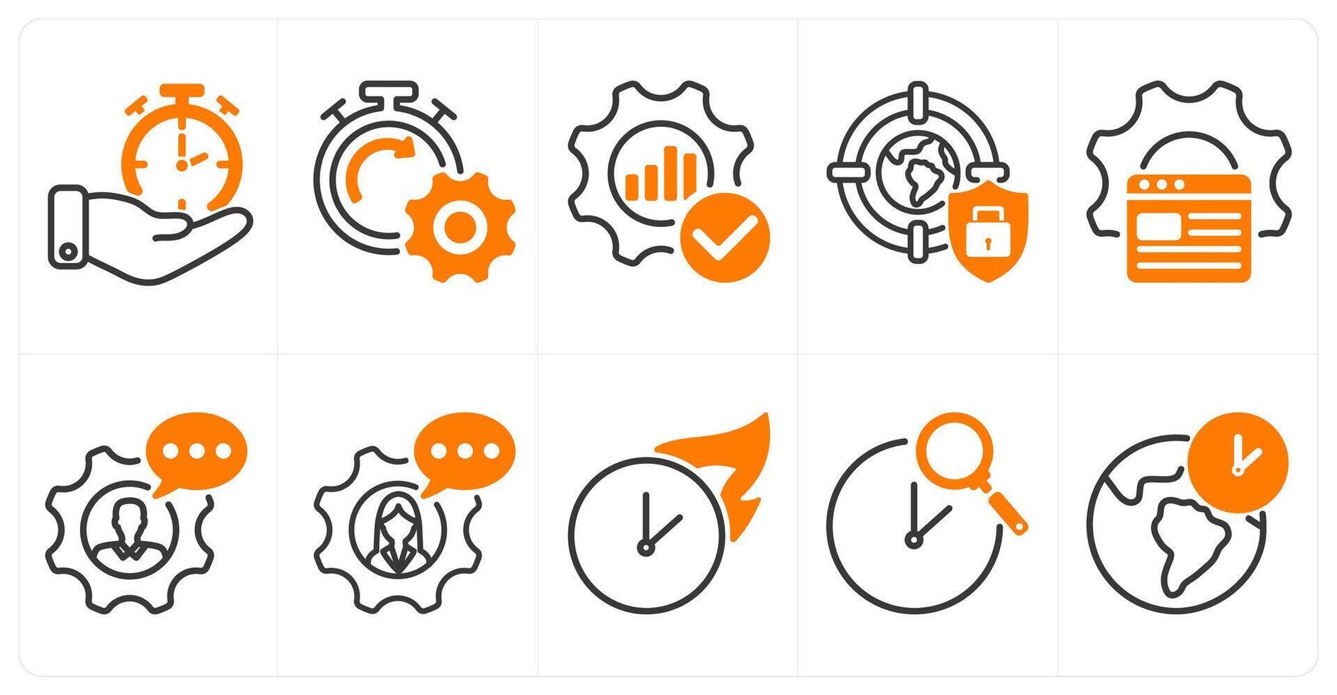 A set of 10 seo icons as time management, seo performance, optimization in orange color vector