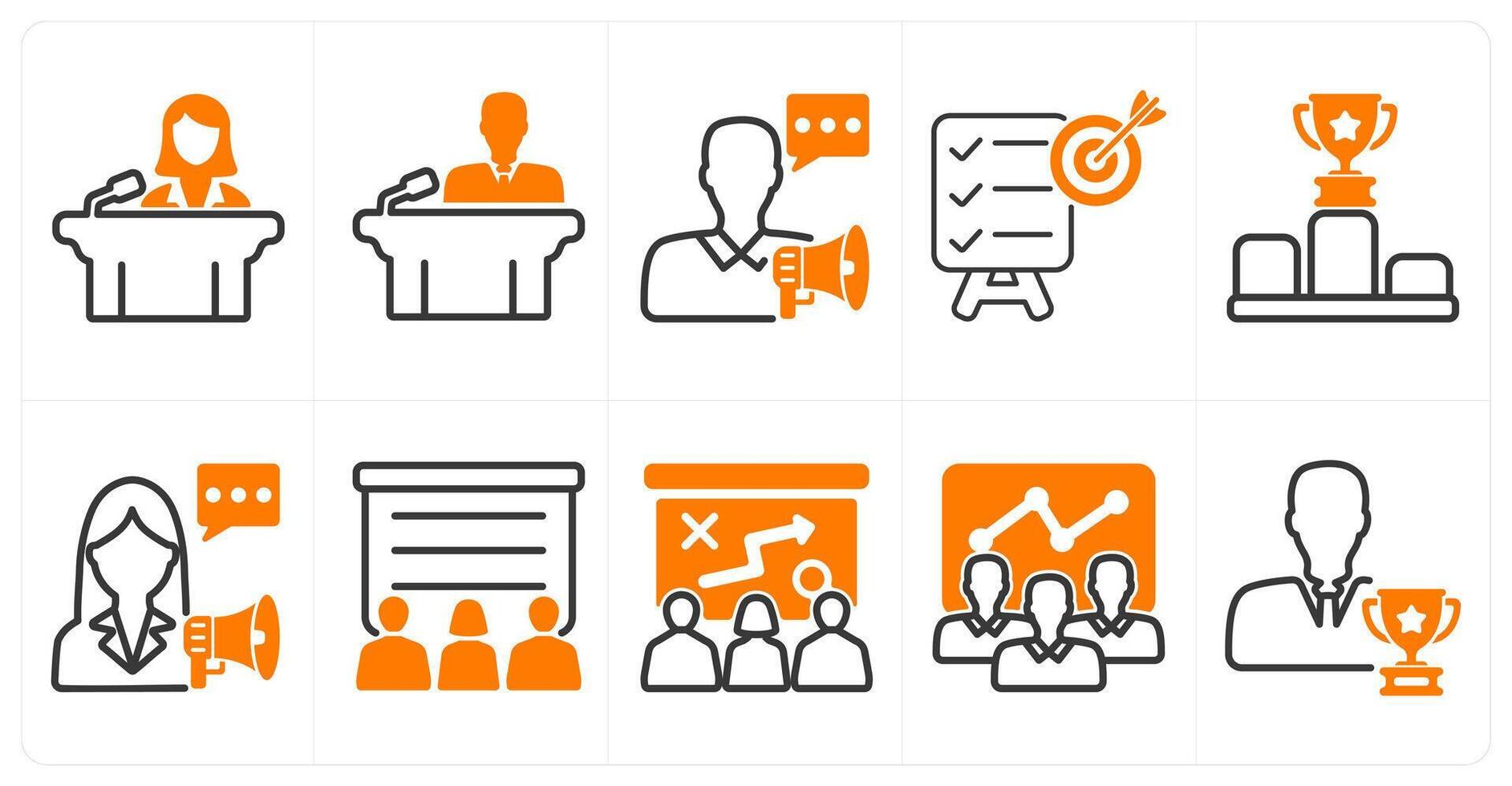 A set of 10 business icons as conference, announcement speech, objective in orange color vector