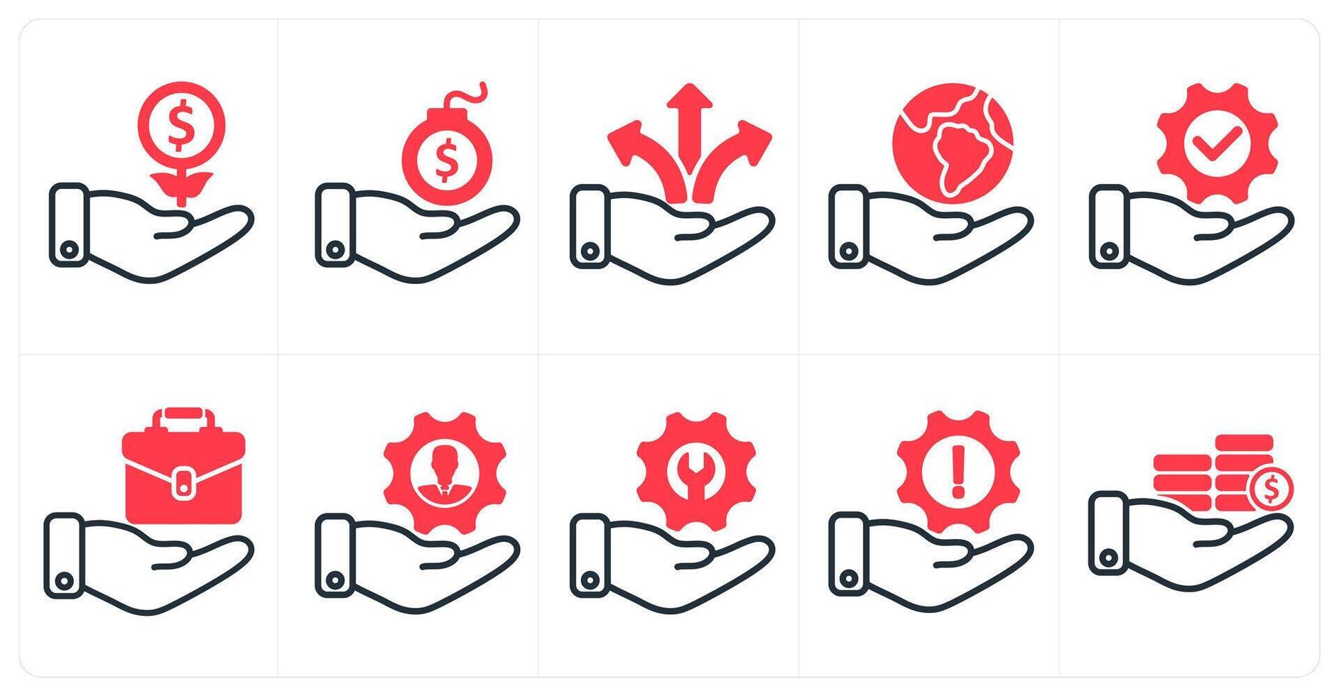 A set of 10 business icons as investment growth, debt, business direction in red color vector